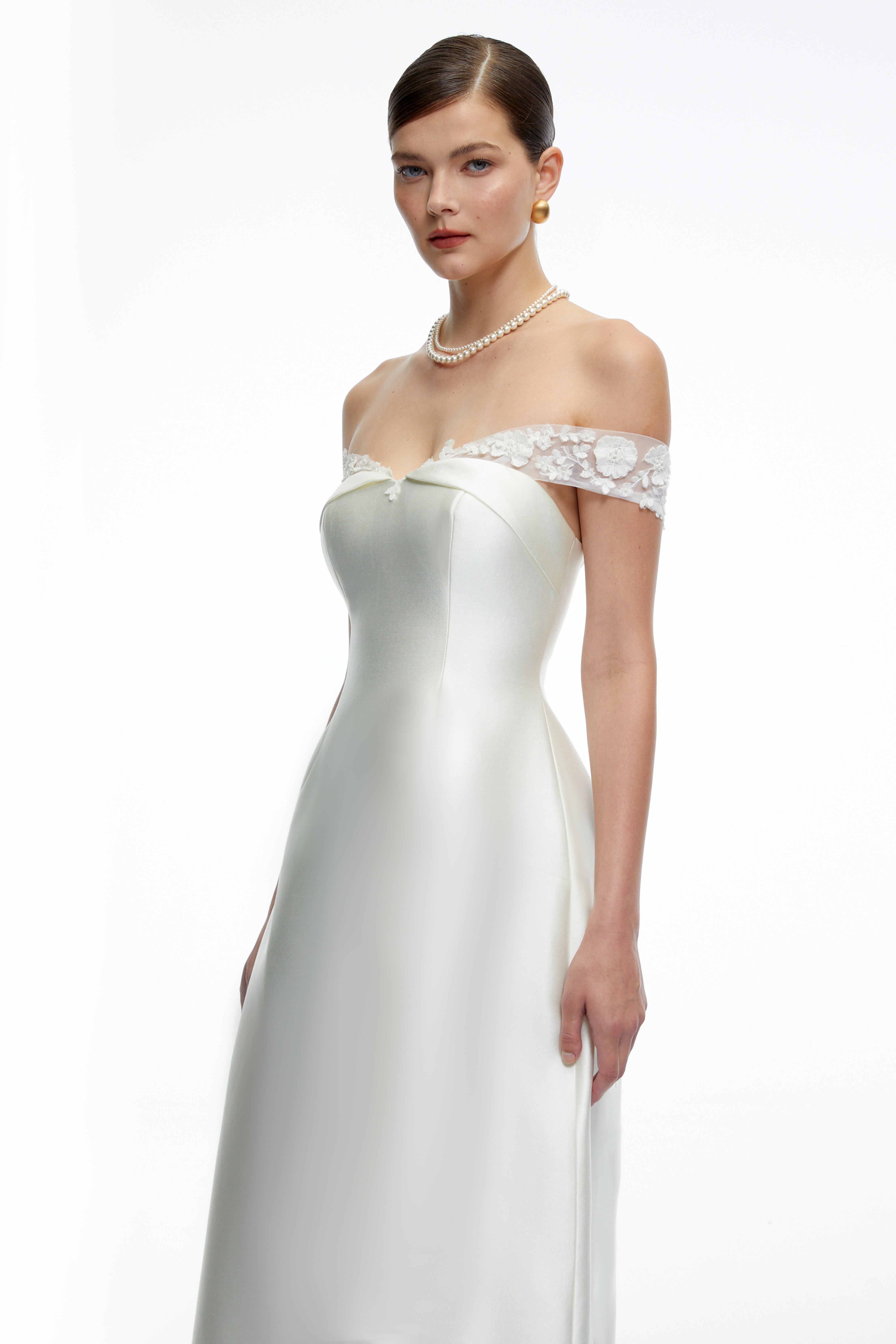 Genevra White Off Shoulder A-Line Midi Dress with Lace Trim
