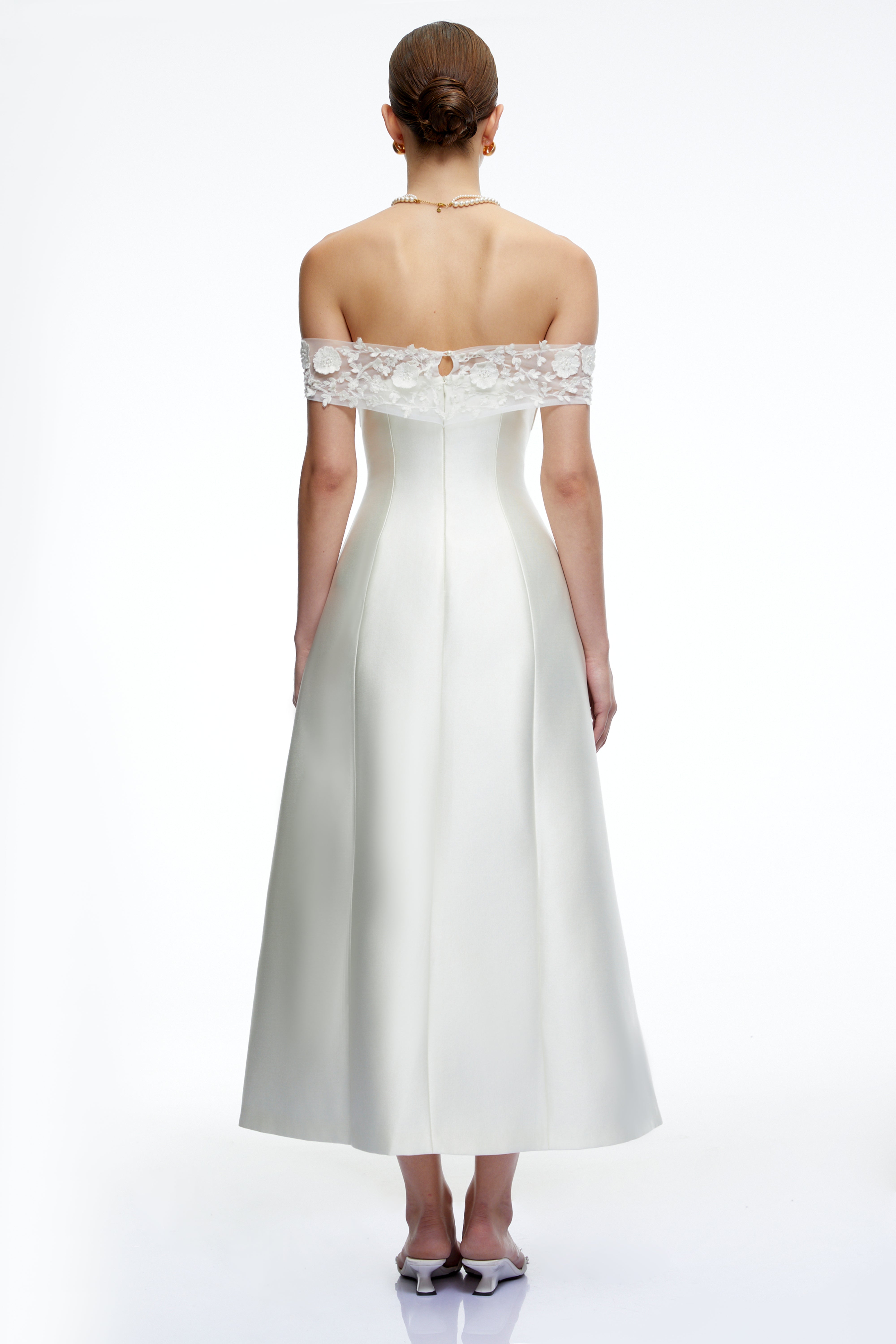 Genevra White Off Shoulder A-Line Midi Dress with Lace Trim