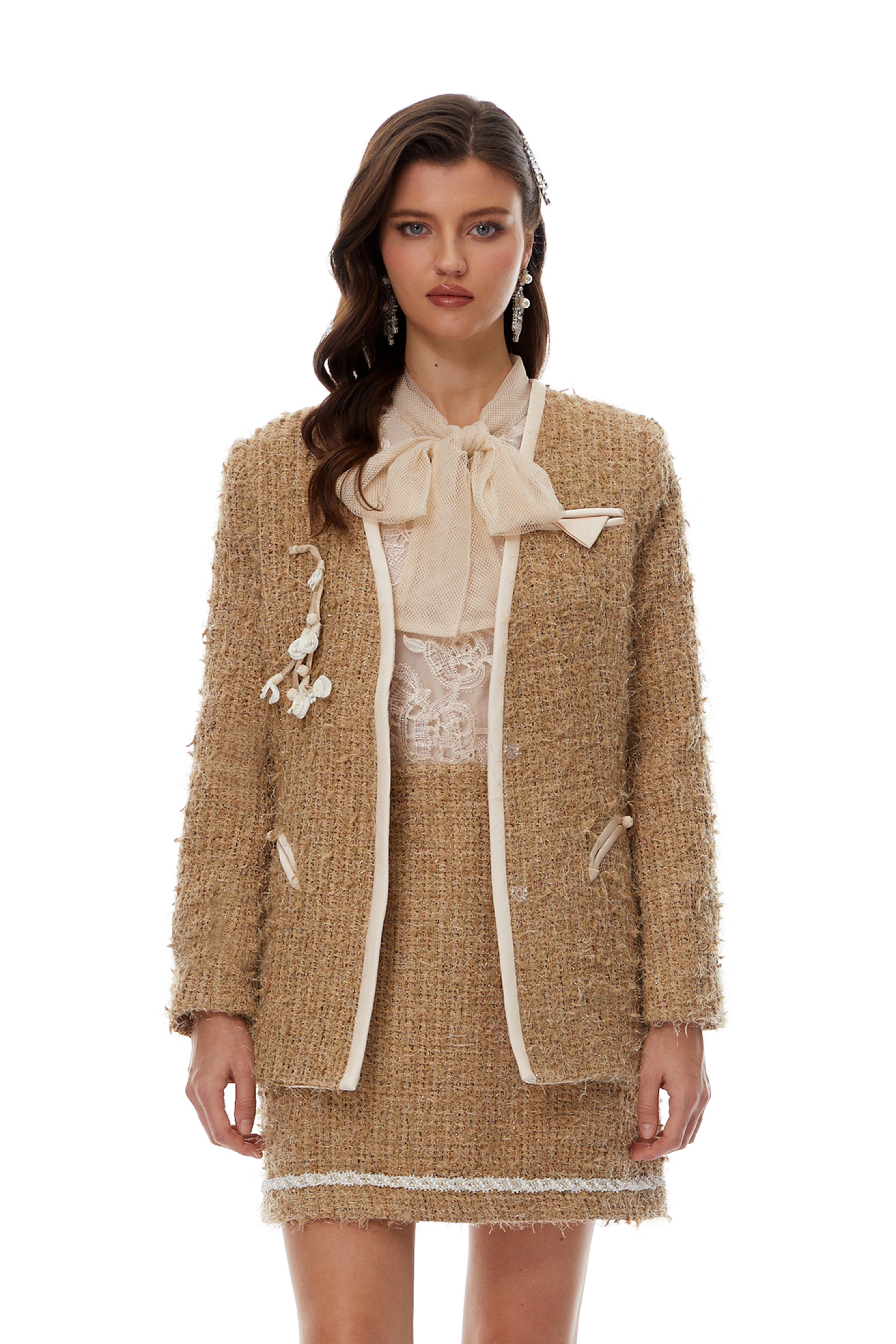 Ghita Gold Tweed Jacket & Sef-Tie Shirt & Skirt Set