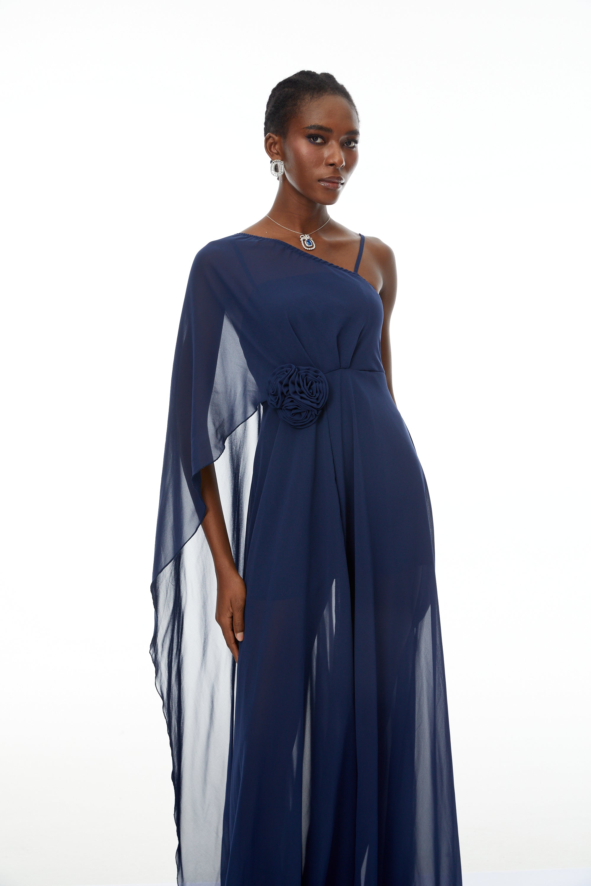 Ginevra Navy One Shoulder Cape Maxi Gown (Final Sale)