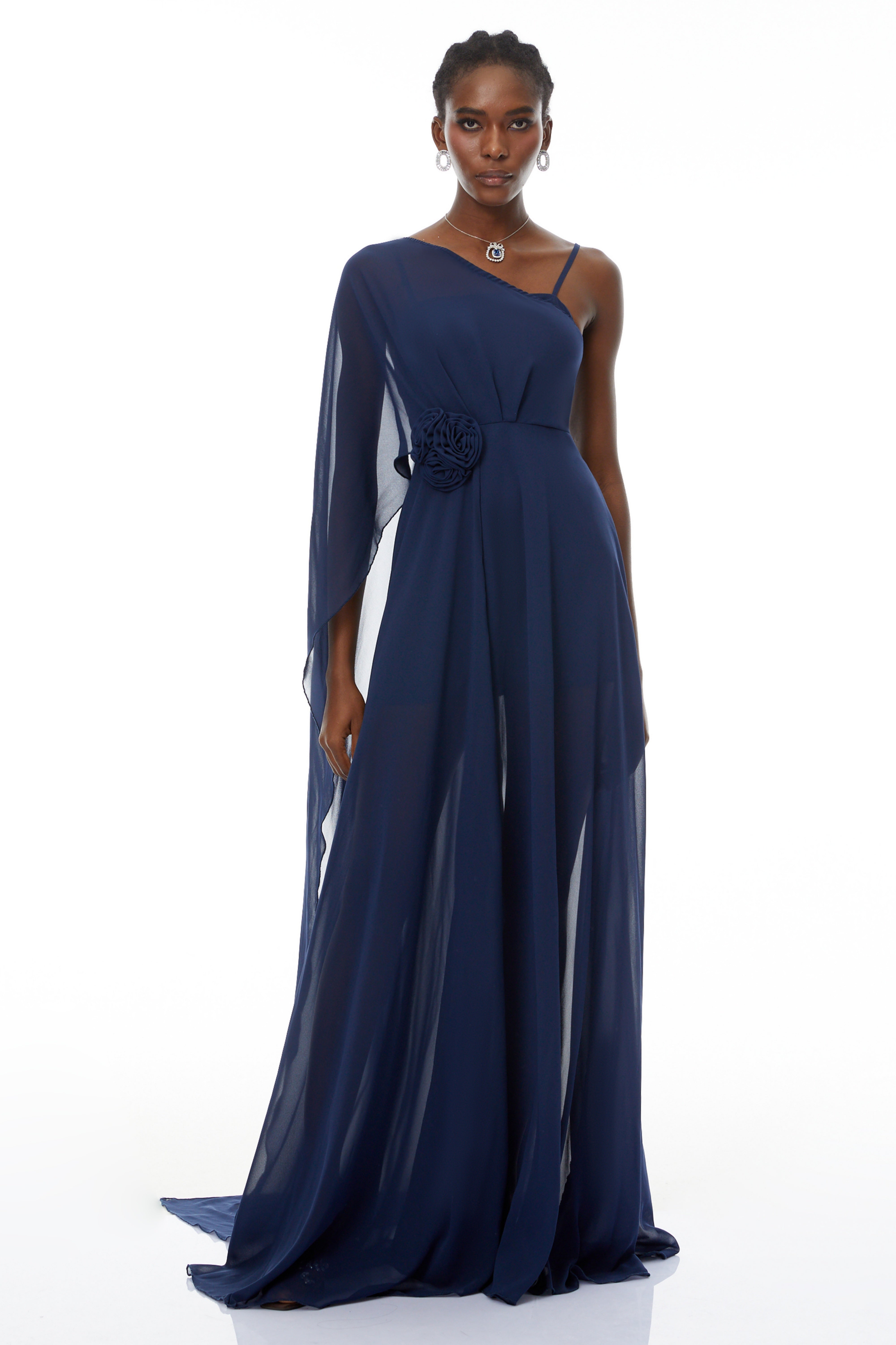 Ginevra Navy One Shoulder Cape Maxi Gown (Final Sale)