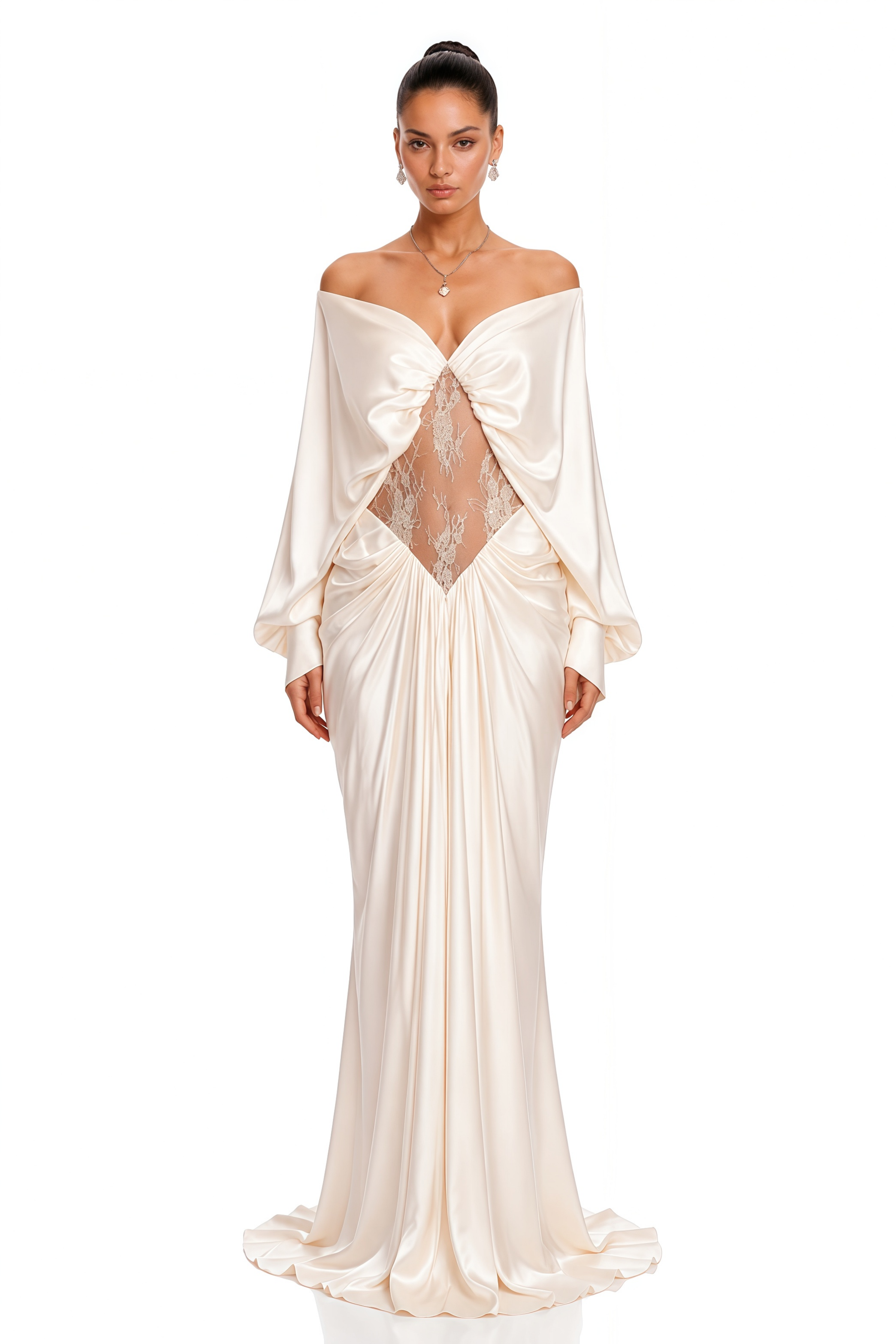 Robe longue à épaules dénudées « Gioconda White » avec empiècements en dentelle