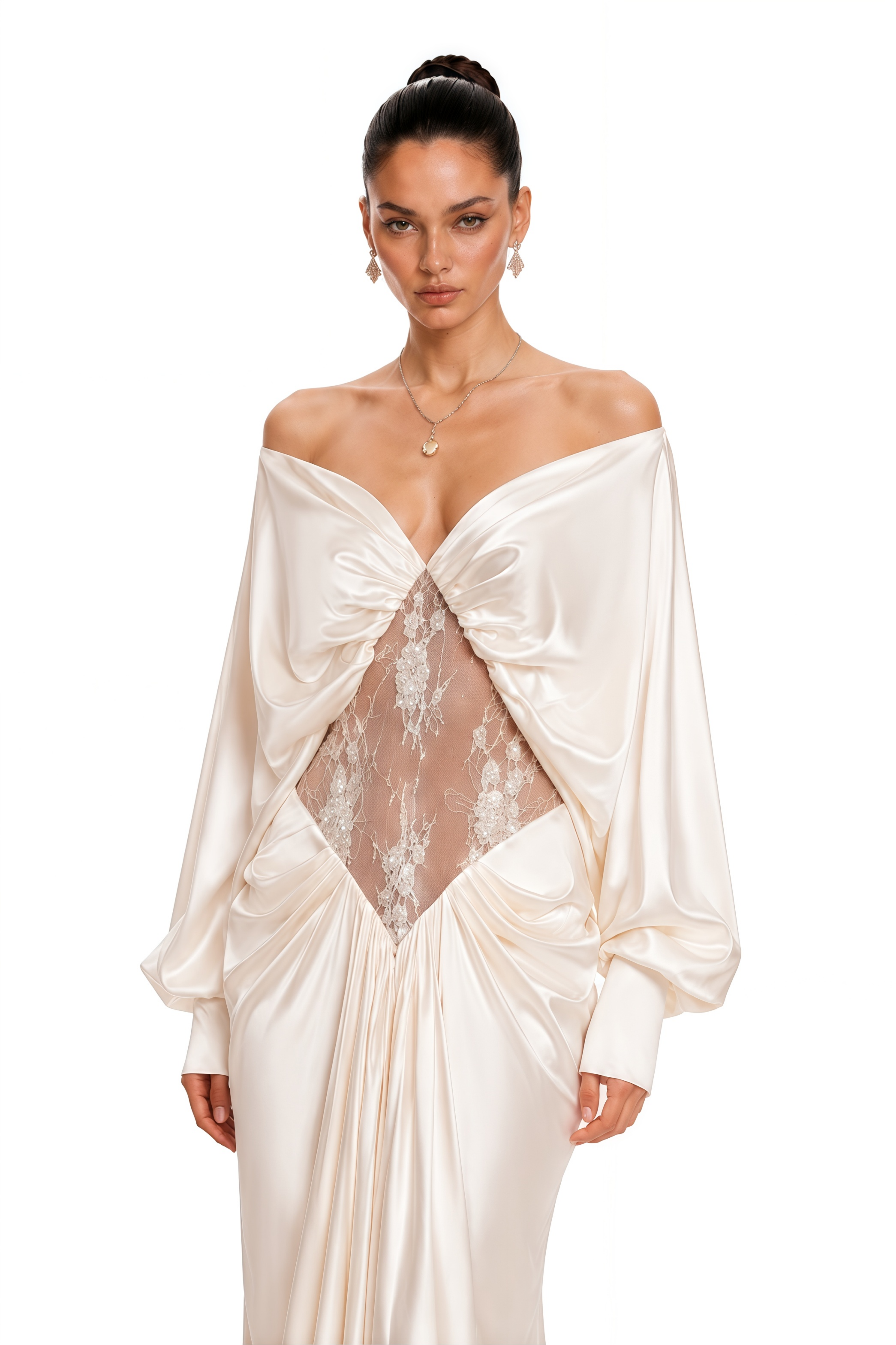 Robe longue à épaules dénudées « Gioconda White » avec empiècements en dentelle