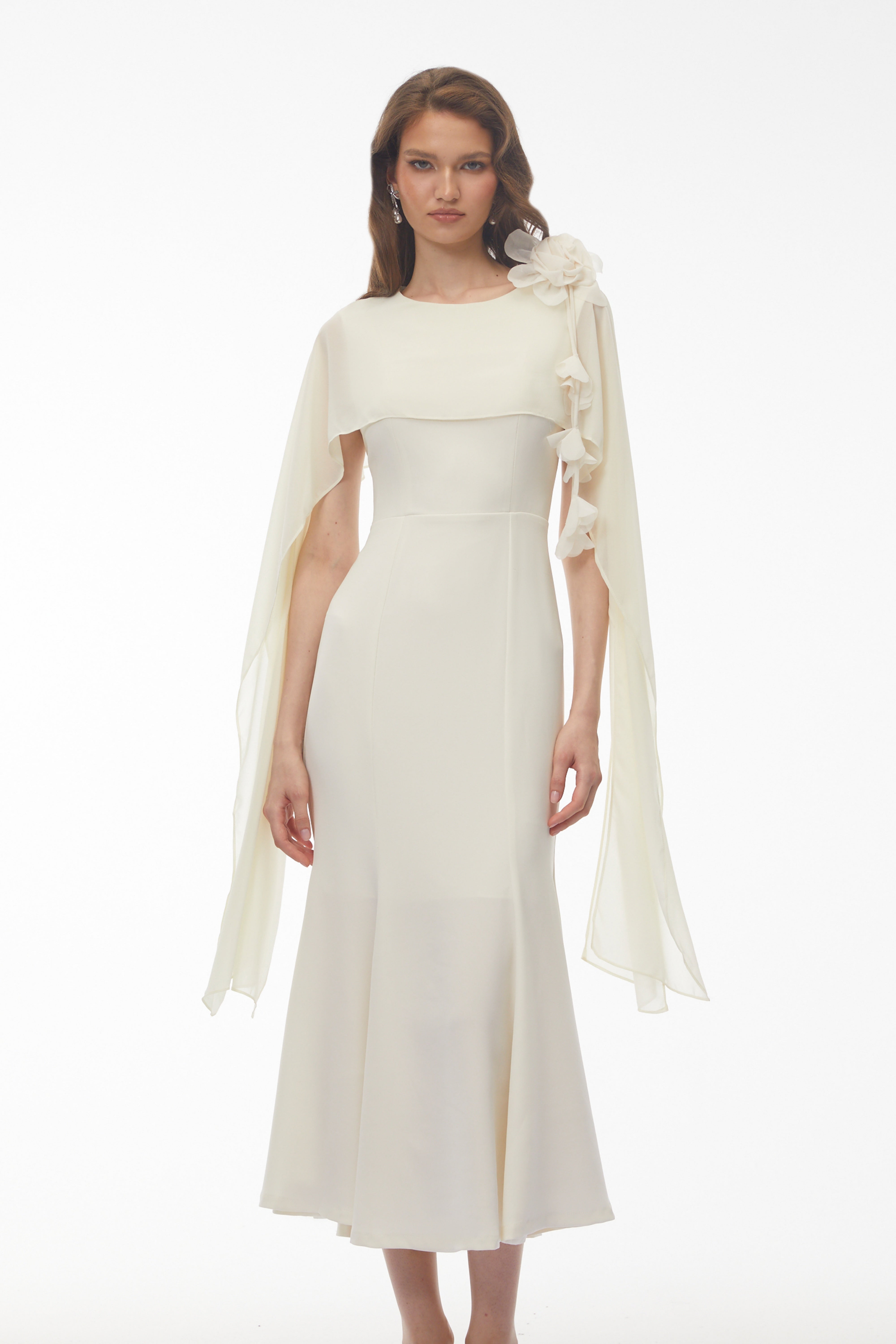 Giuliana White Midi Dress with Cape Sleeves and 3D Florals (Final Sale-US Only)