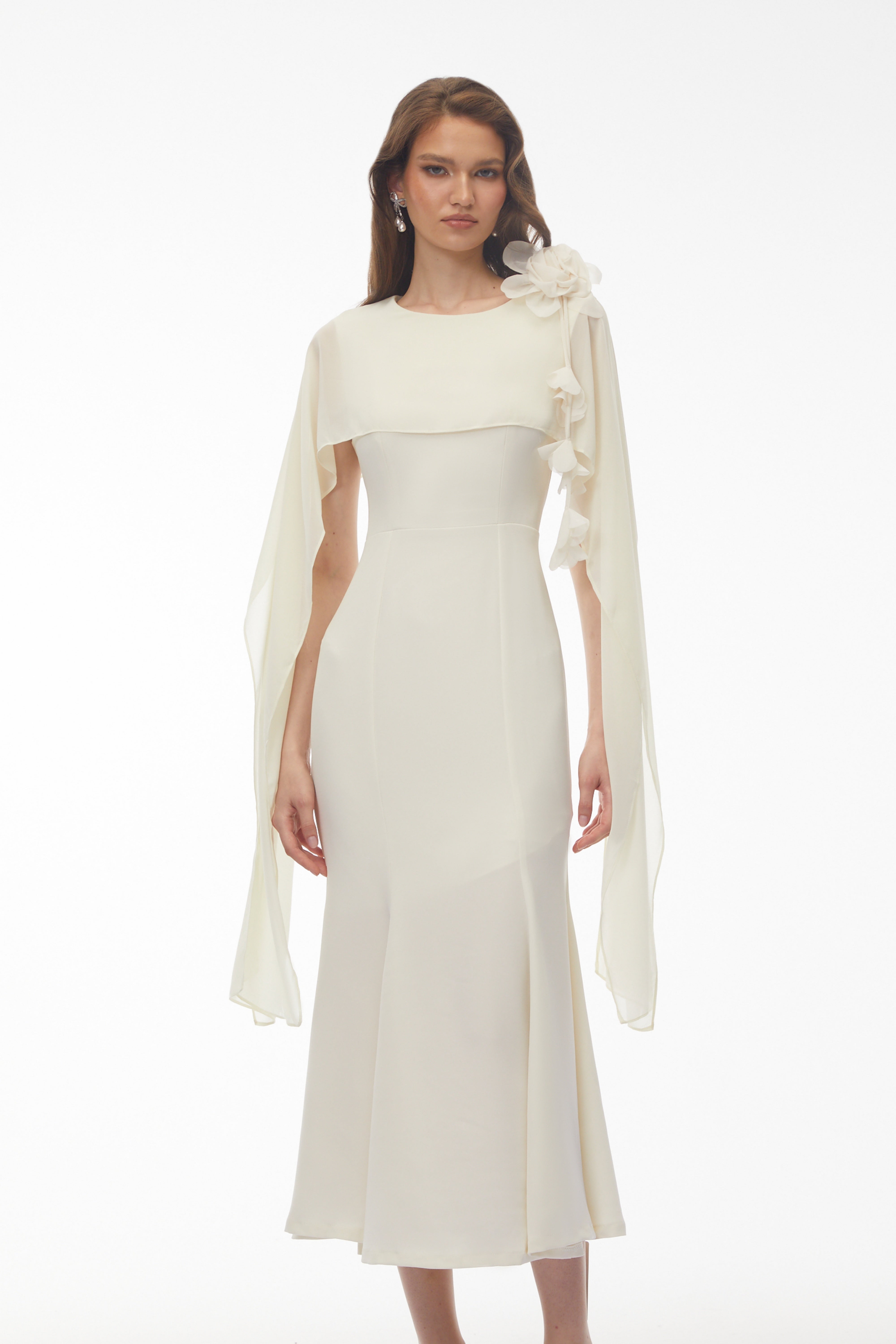 Giuliana White Midi Dress with Cape Sleeves and 3D Florals (Final Sale-US Only)