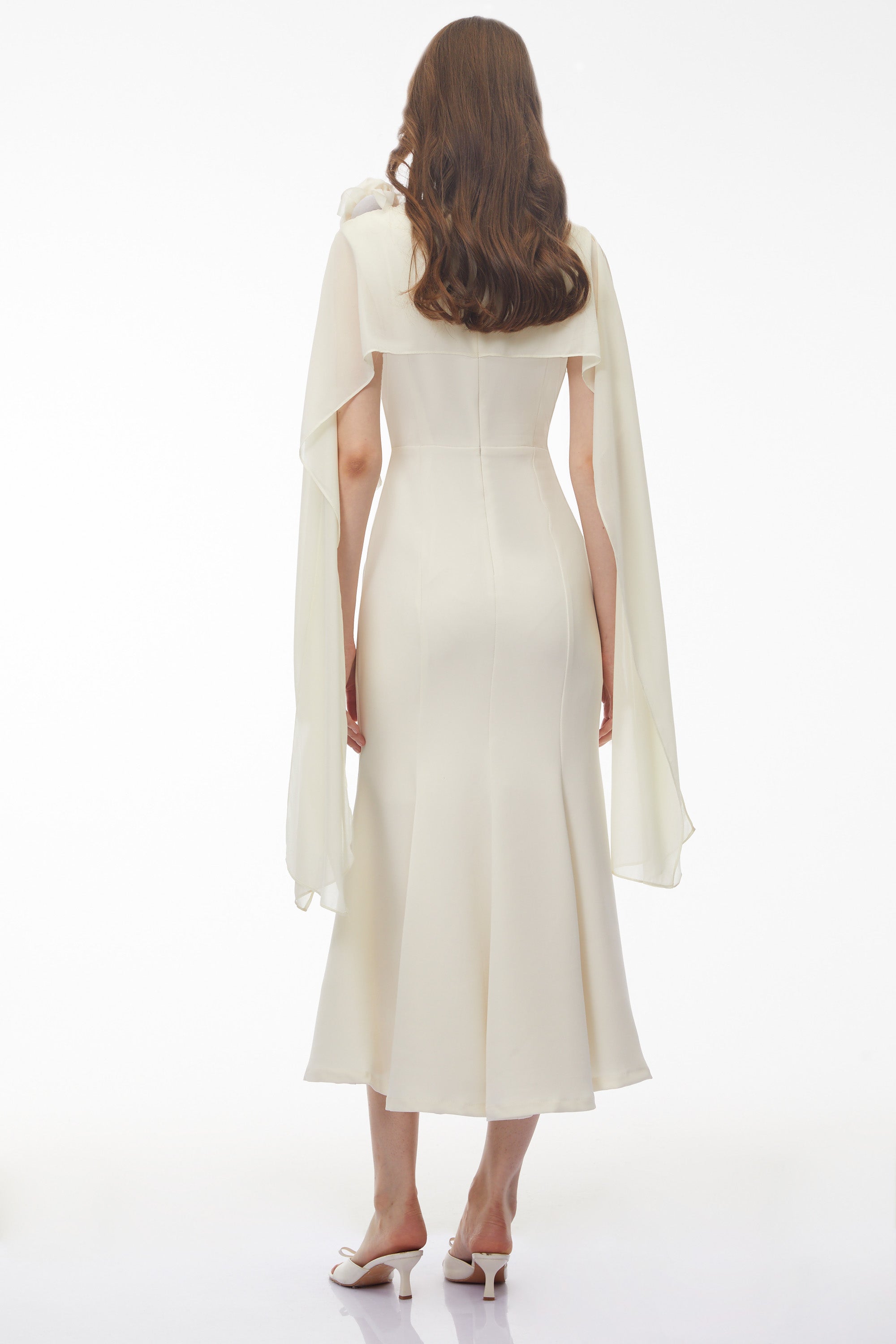 Giuliana White Midi Dress with Cape Sleeves and 3D Florals (Final Sale-US Only)