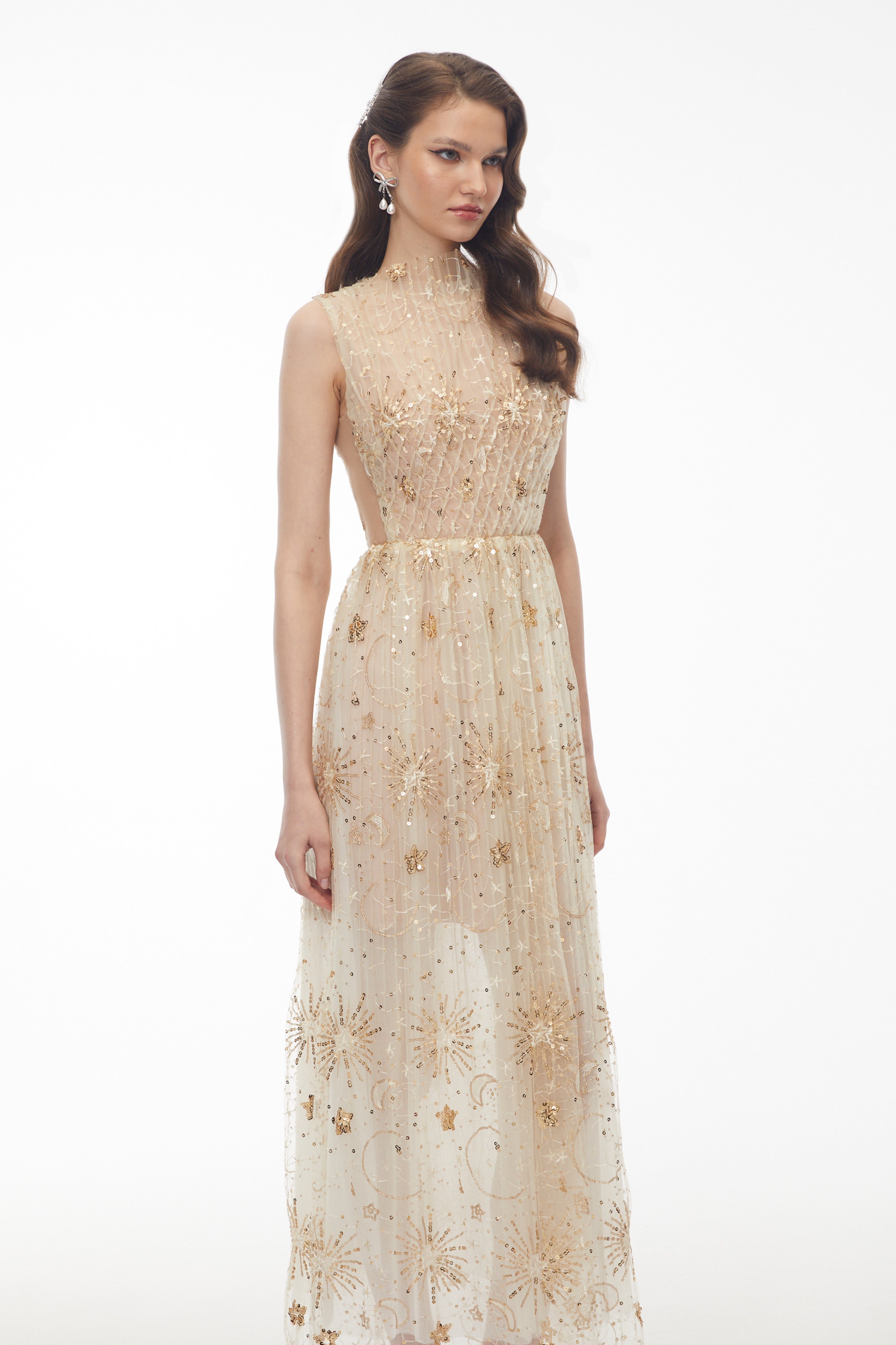 Brigida Neutral Sleeveless Sequin Maxi Dress