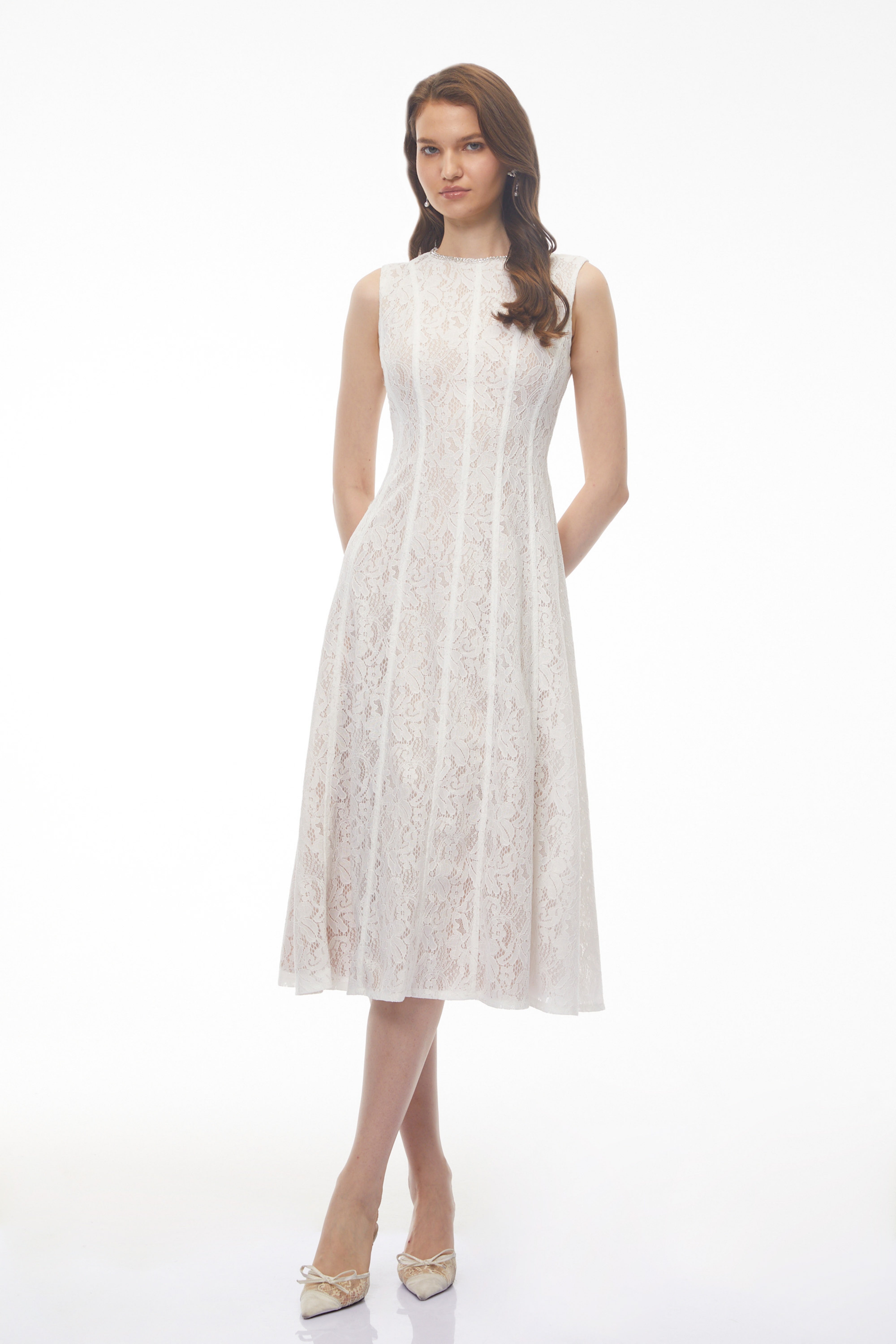 Guinevere White Sleeveless Floral Lace Midi Dress (Final Sale)