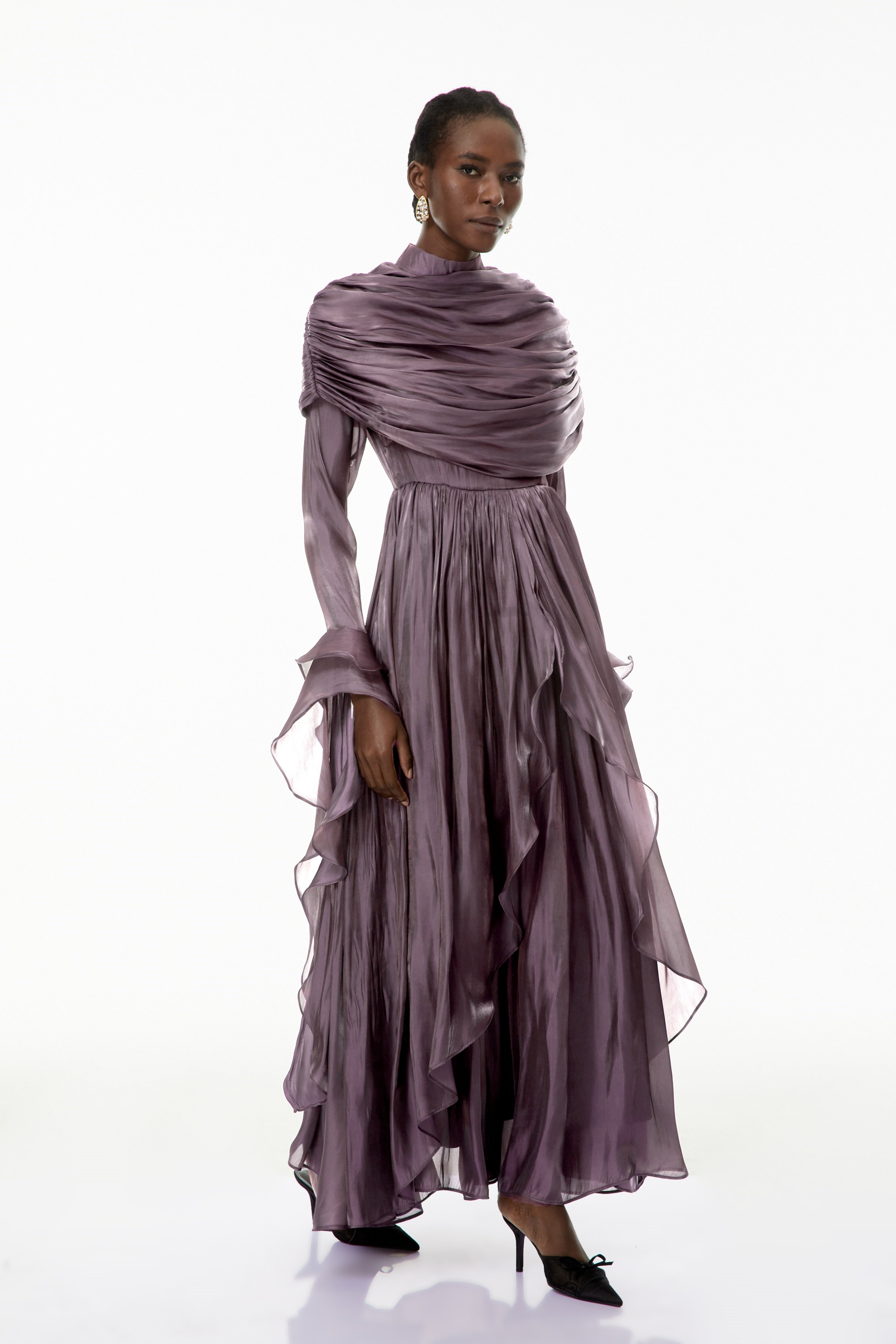 Gustave Purple Ruched Cape Ruffled Maxi Dress (Final Sale-US Only)