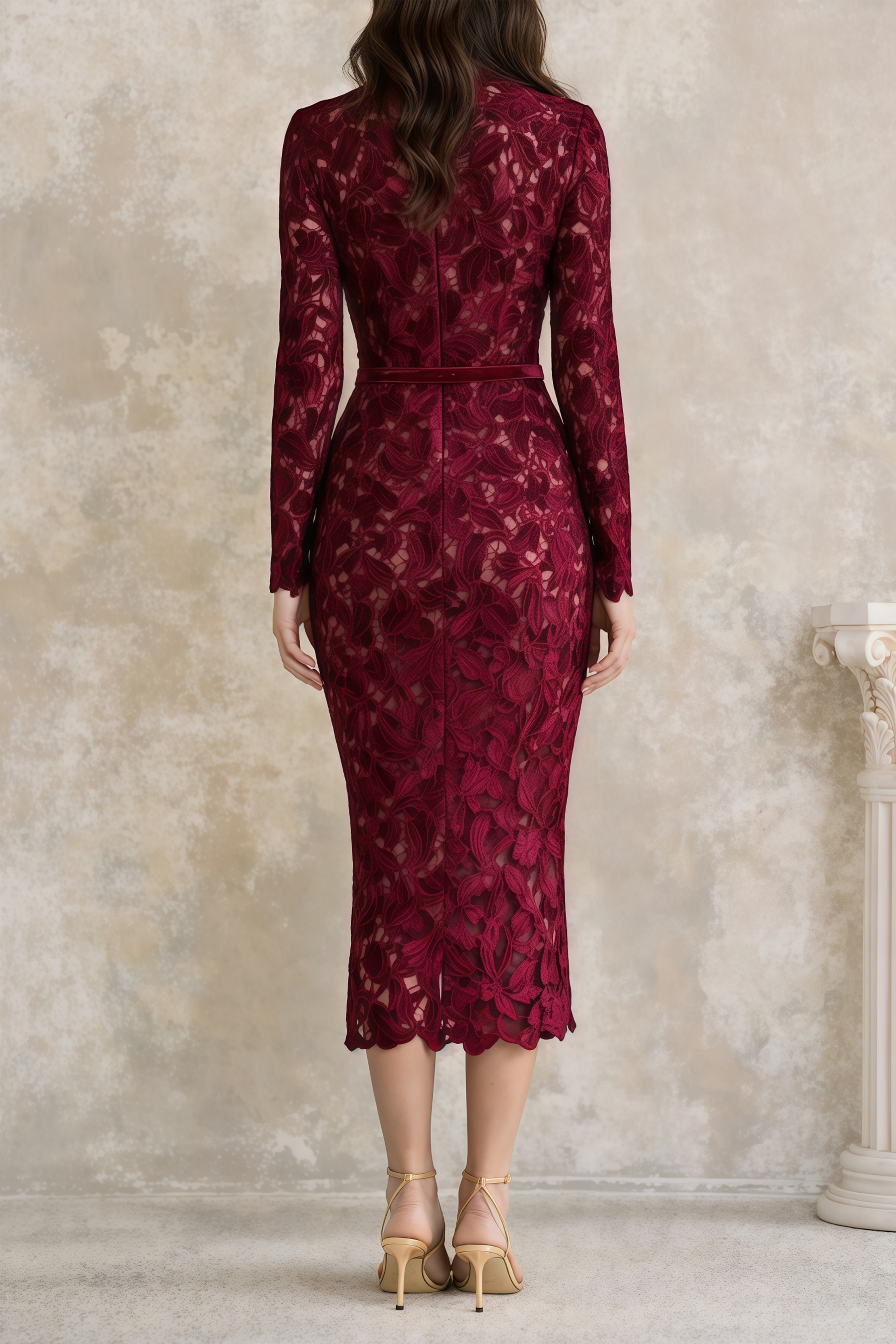 Velvet Lace Floral Midi Dress in Burgundy