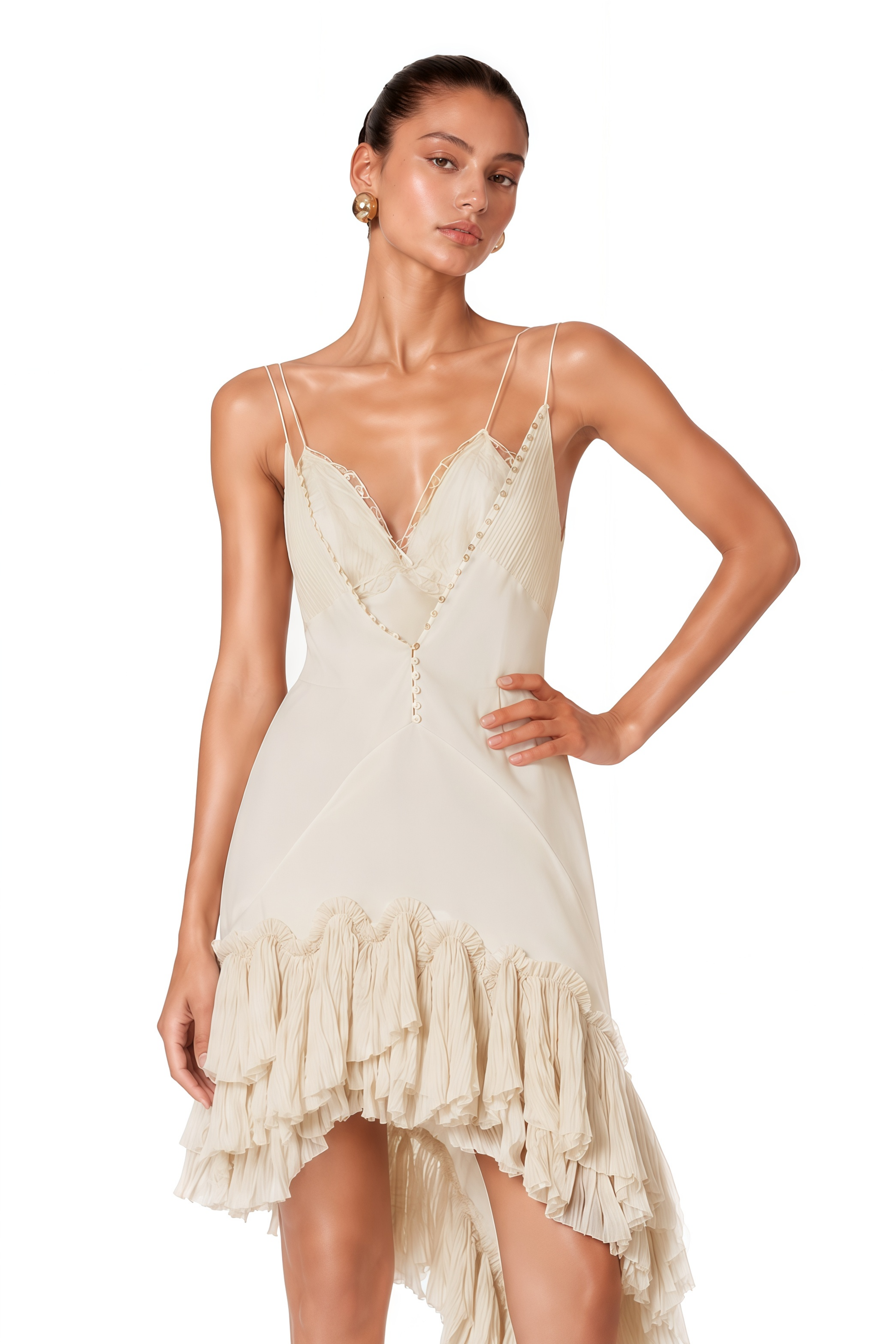 Hailey Cream Asymmetrical Mini Dress with Ruffled Lace
