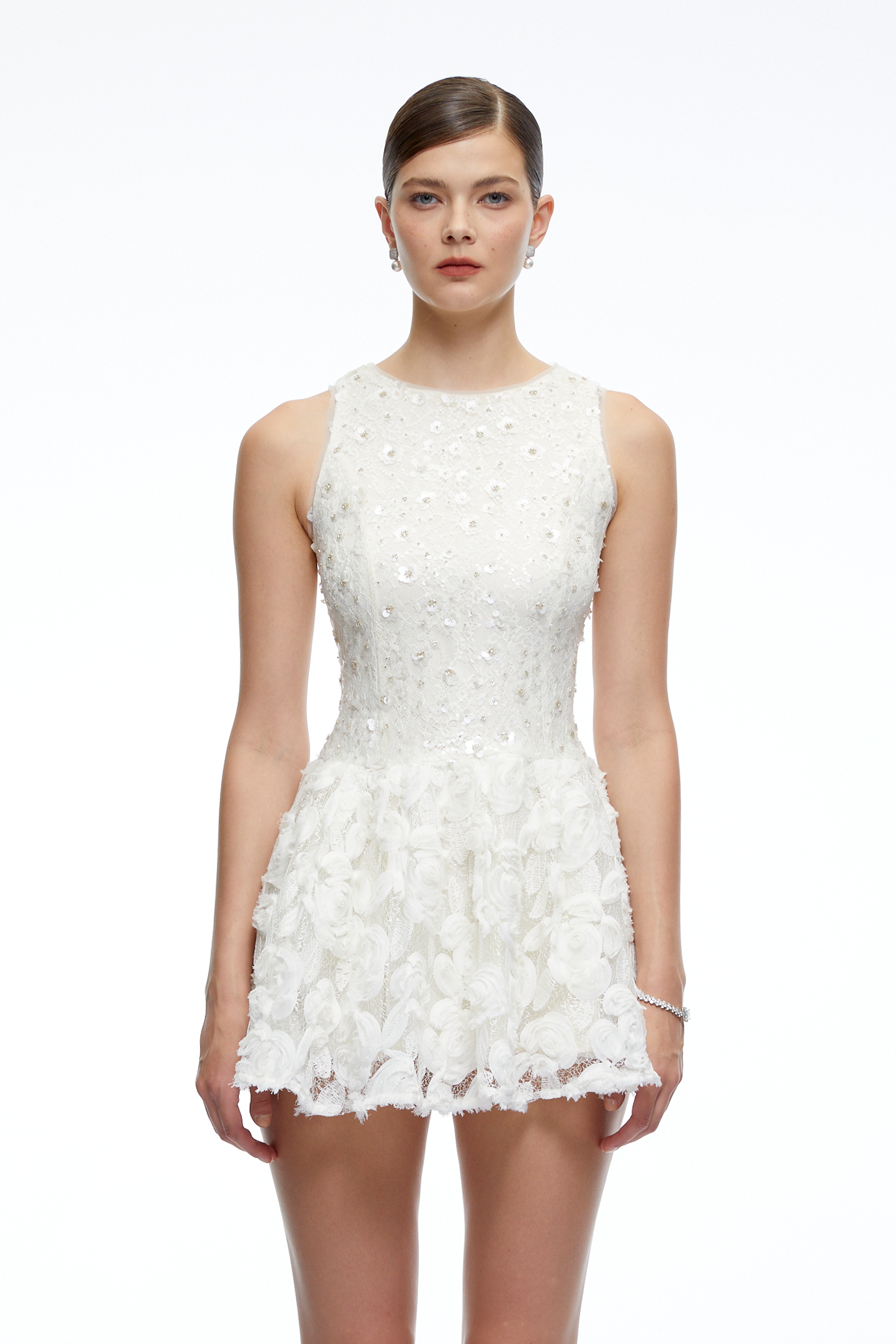 Hailey Neutrals Floral Lace Flared Mini Dress