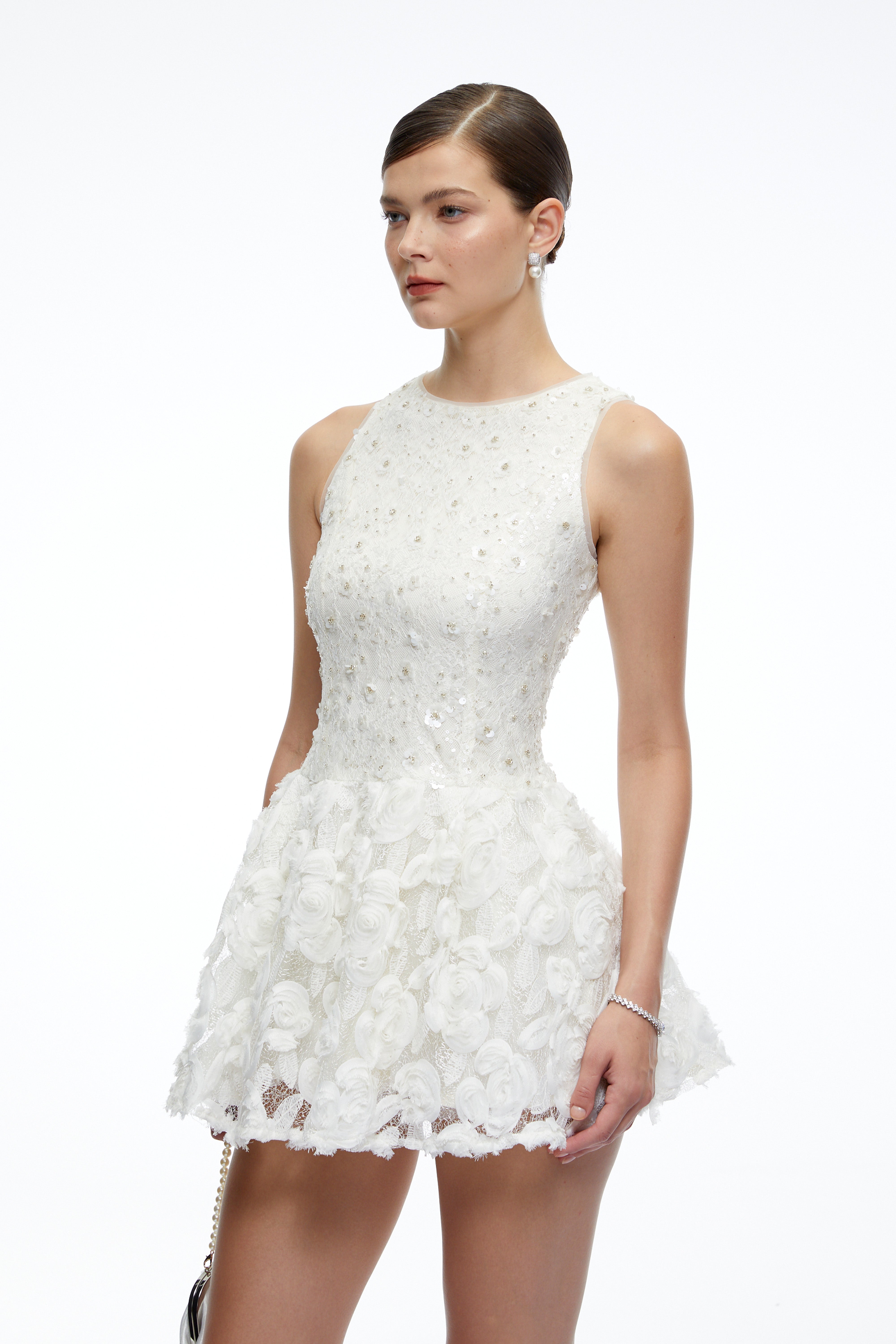 Hailey Neutrals Floral Lace Flared Mini Dress
