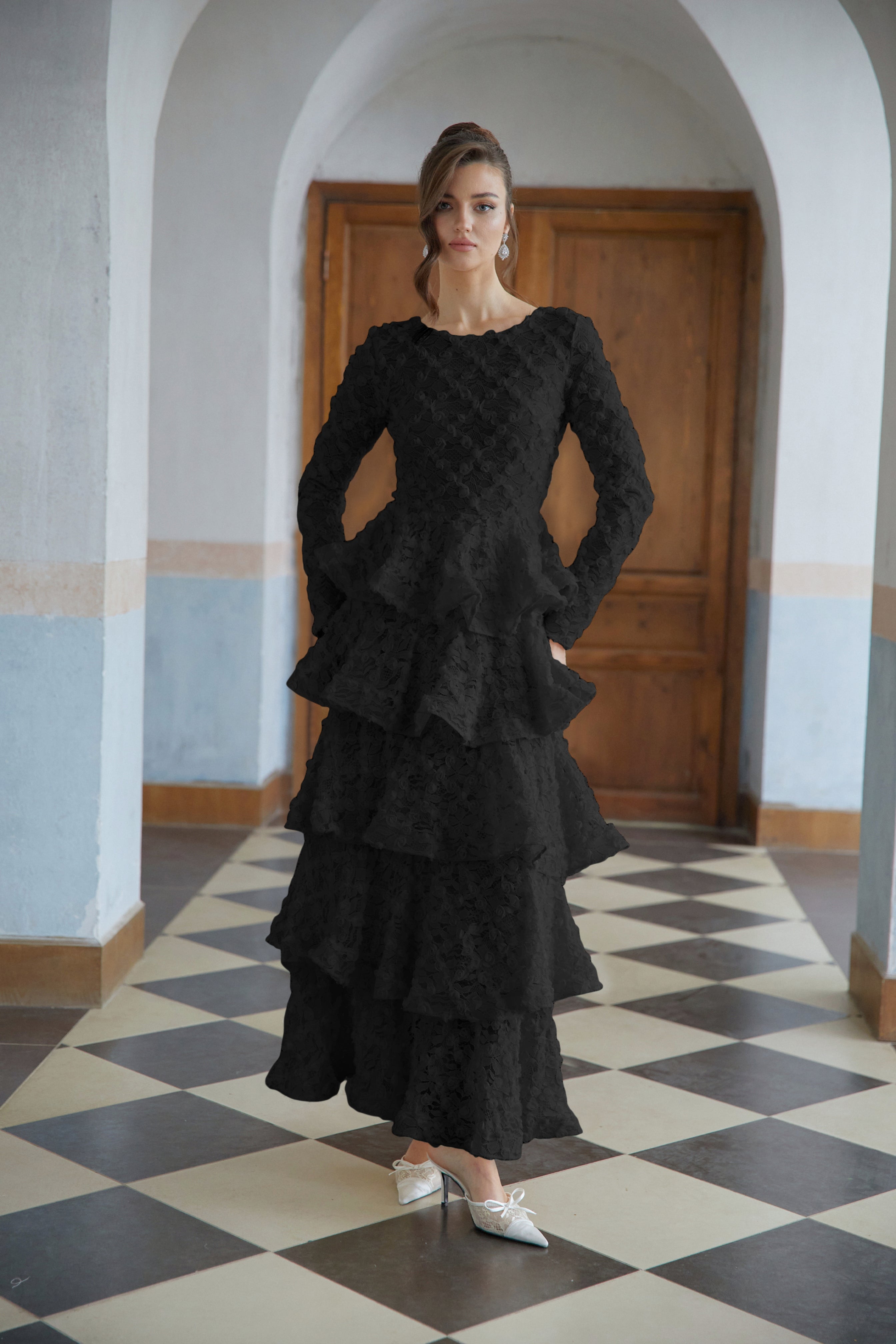 Halla Black Tiered Floral Lace Maxi Dress (Final Sale-US Only)