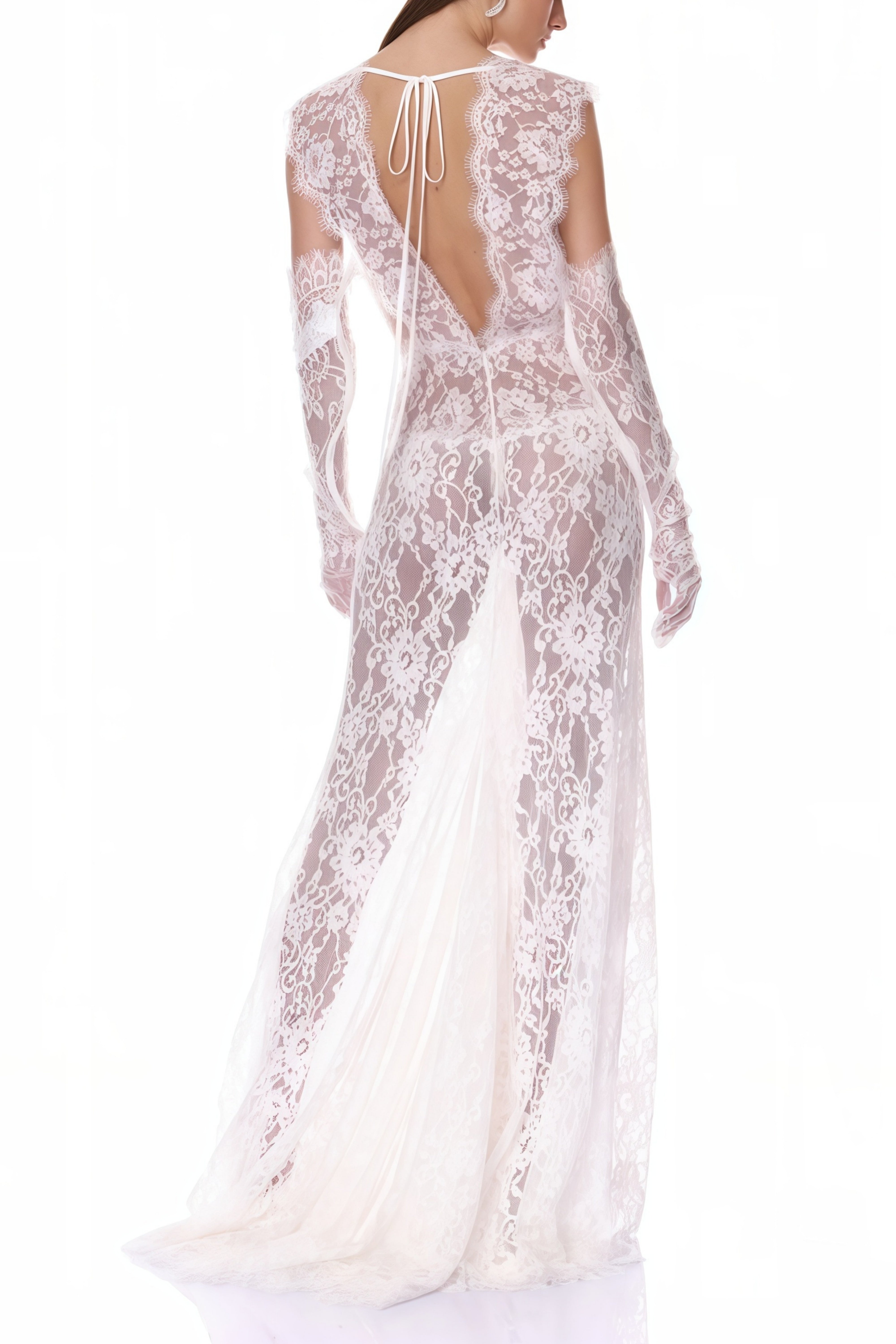 Hanna White Sheer Lace Maxi Dress with Deep V-Neck (Without Gloves) (Final Sale)