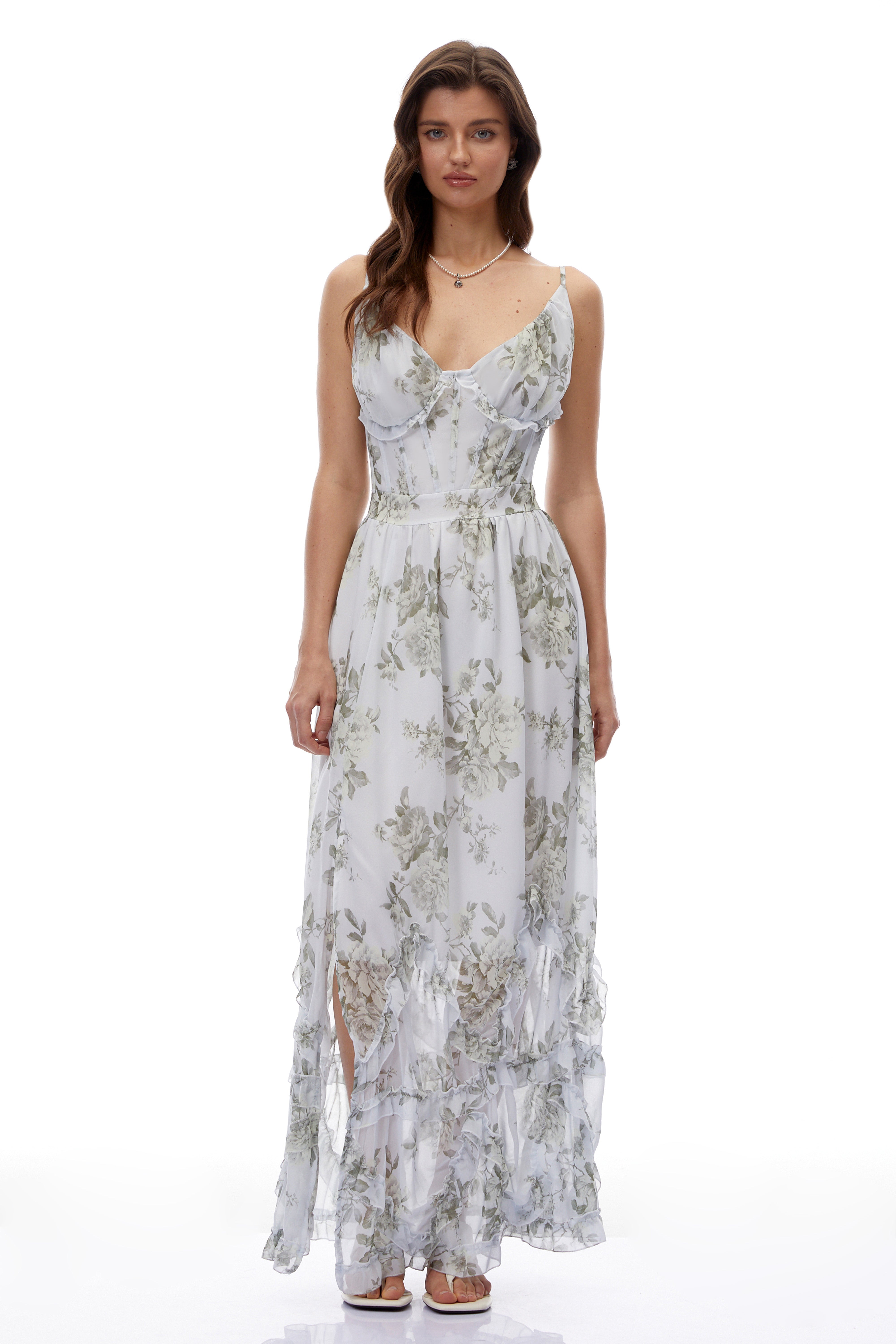 Hanne Green Floral V-Neck Sleeveless Maxi Dress