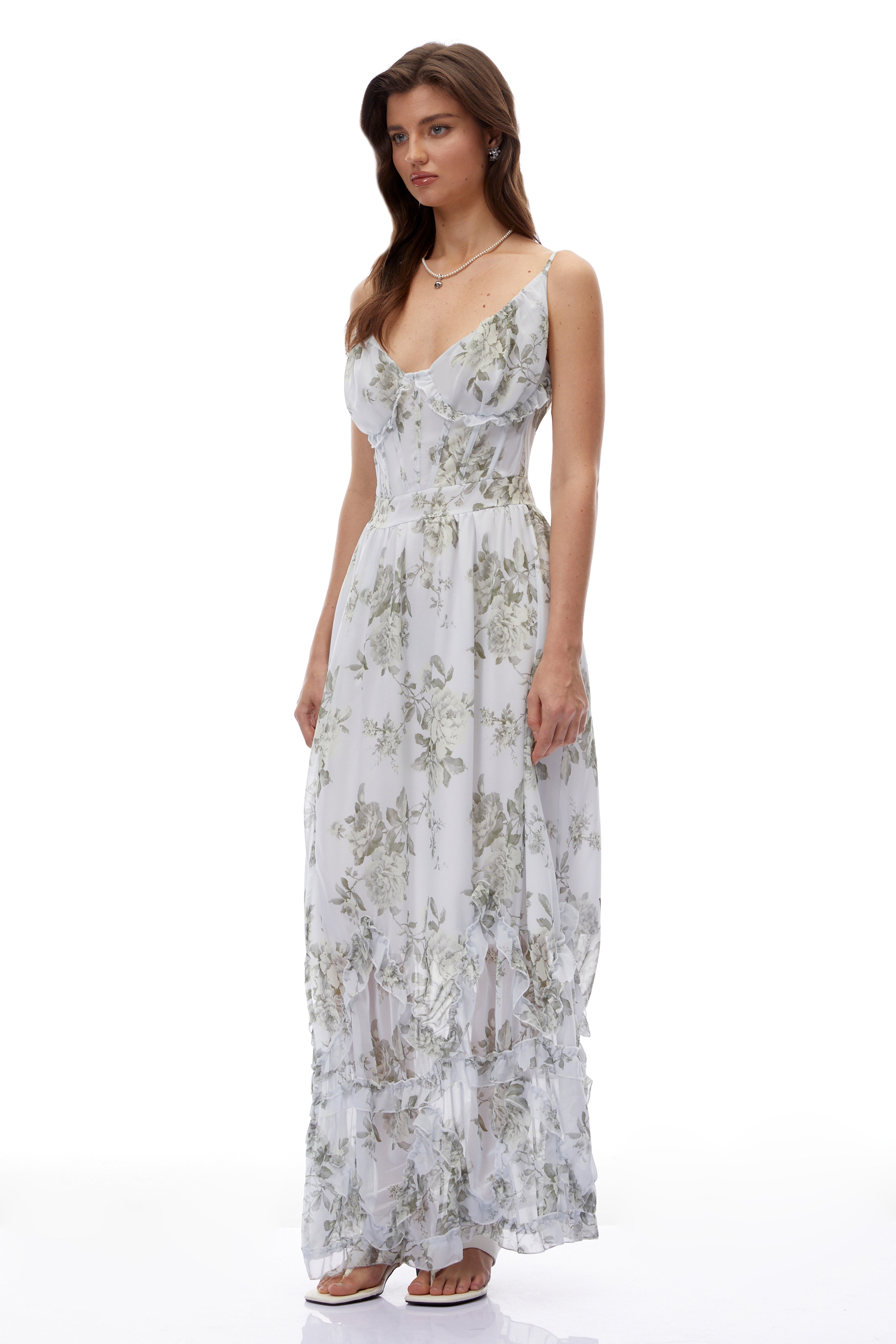 Hanne Green Floral V-Neck Sleeveless Maxi Dress