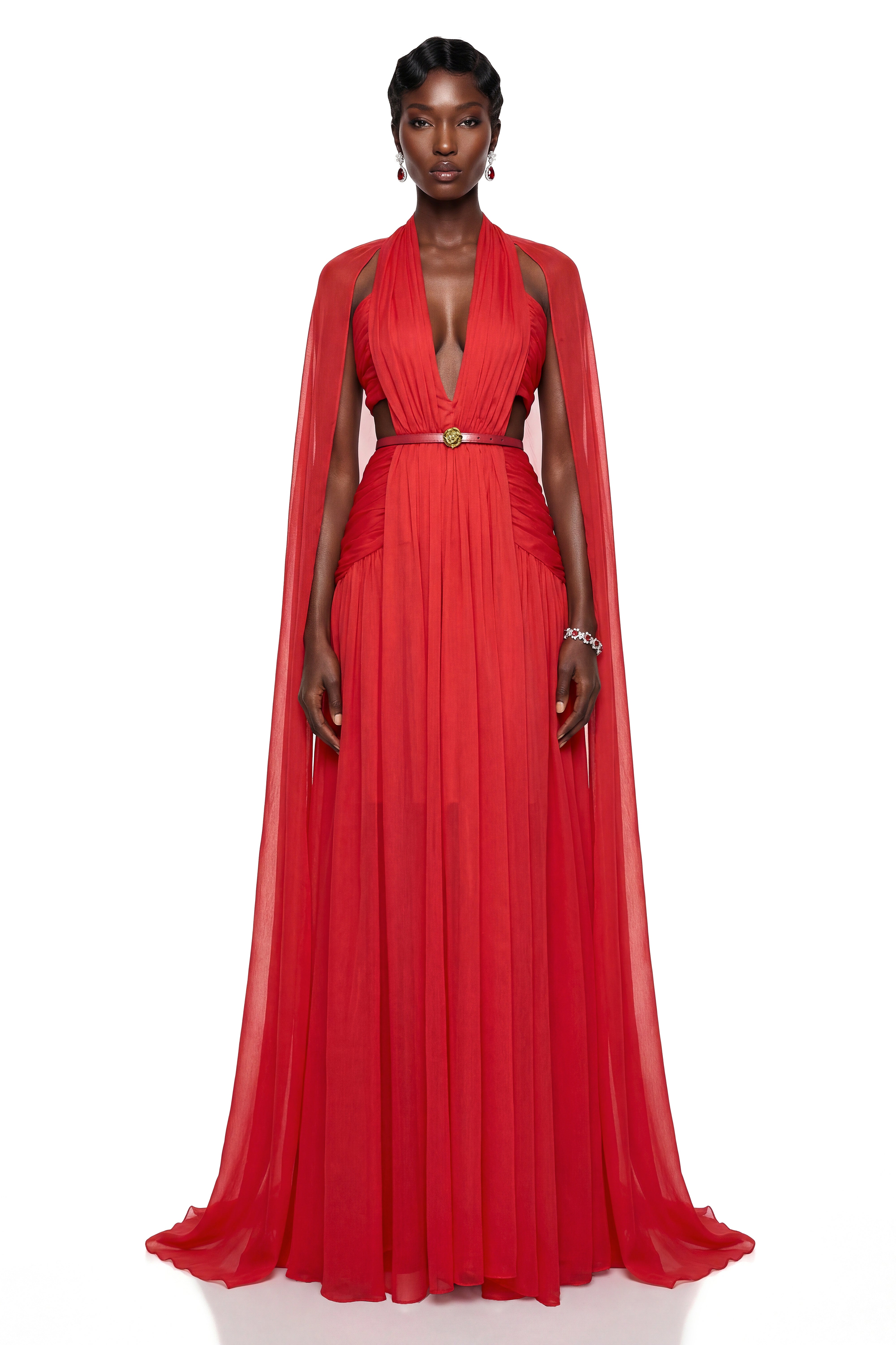 Harper Red Plunge Halterneck Maxi Dress with Cape