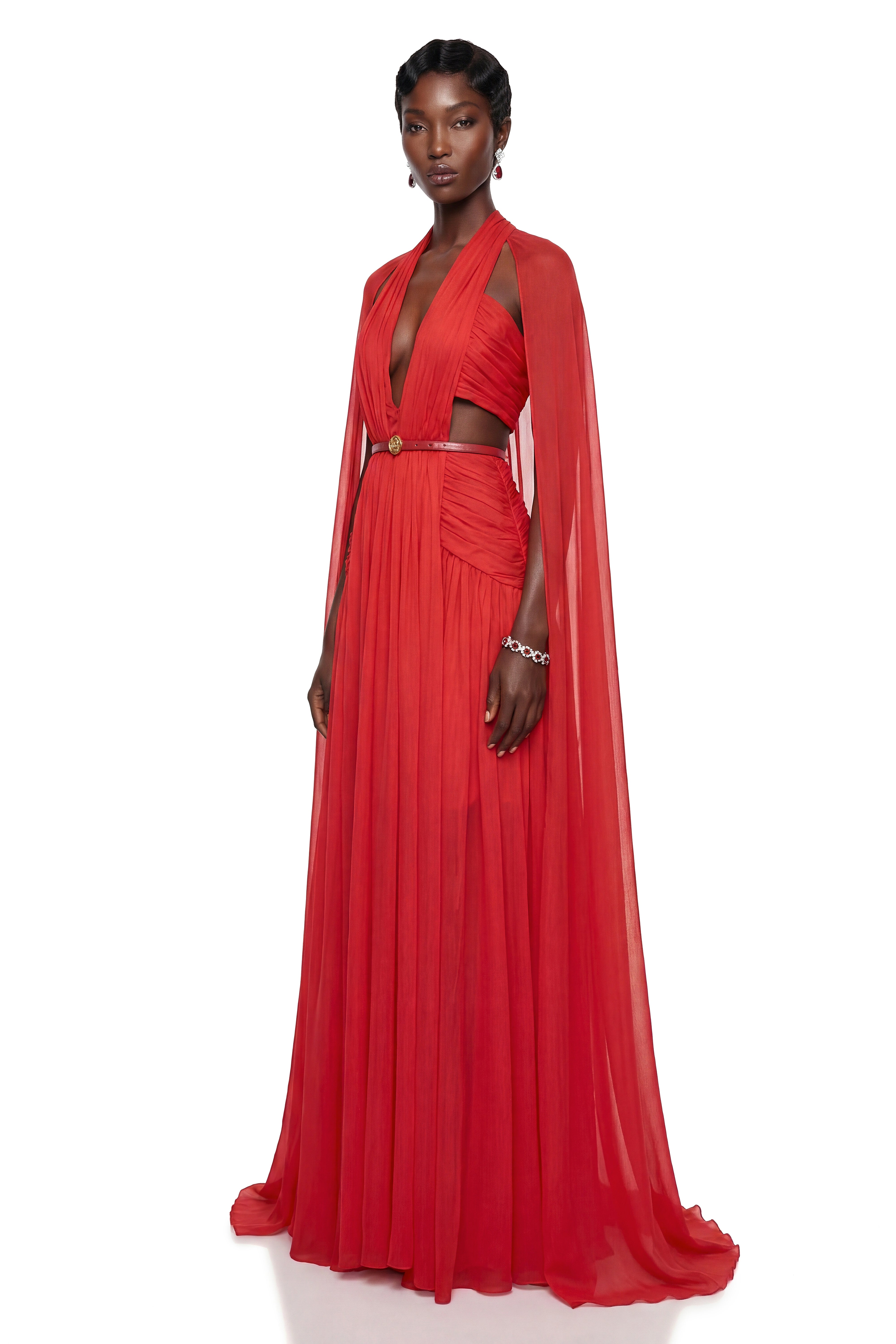 Harper Red Plunge Halterneck Maxi Dress with Cape