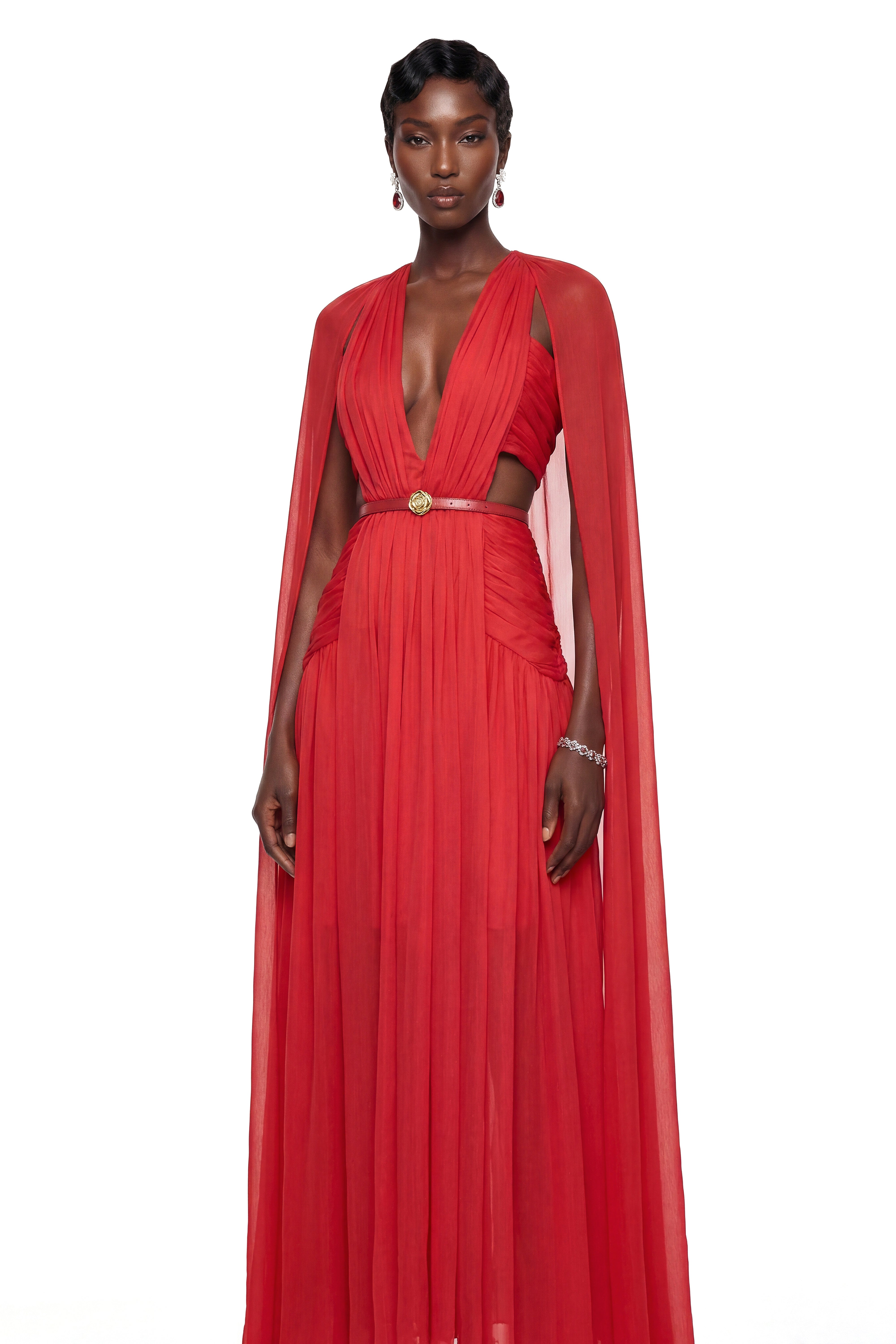 Harper Red Plunge Halterneck Maxi Dress with Cape