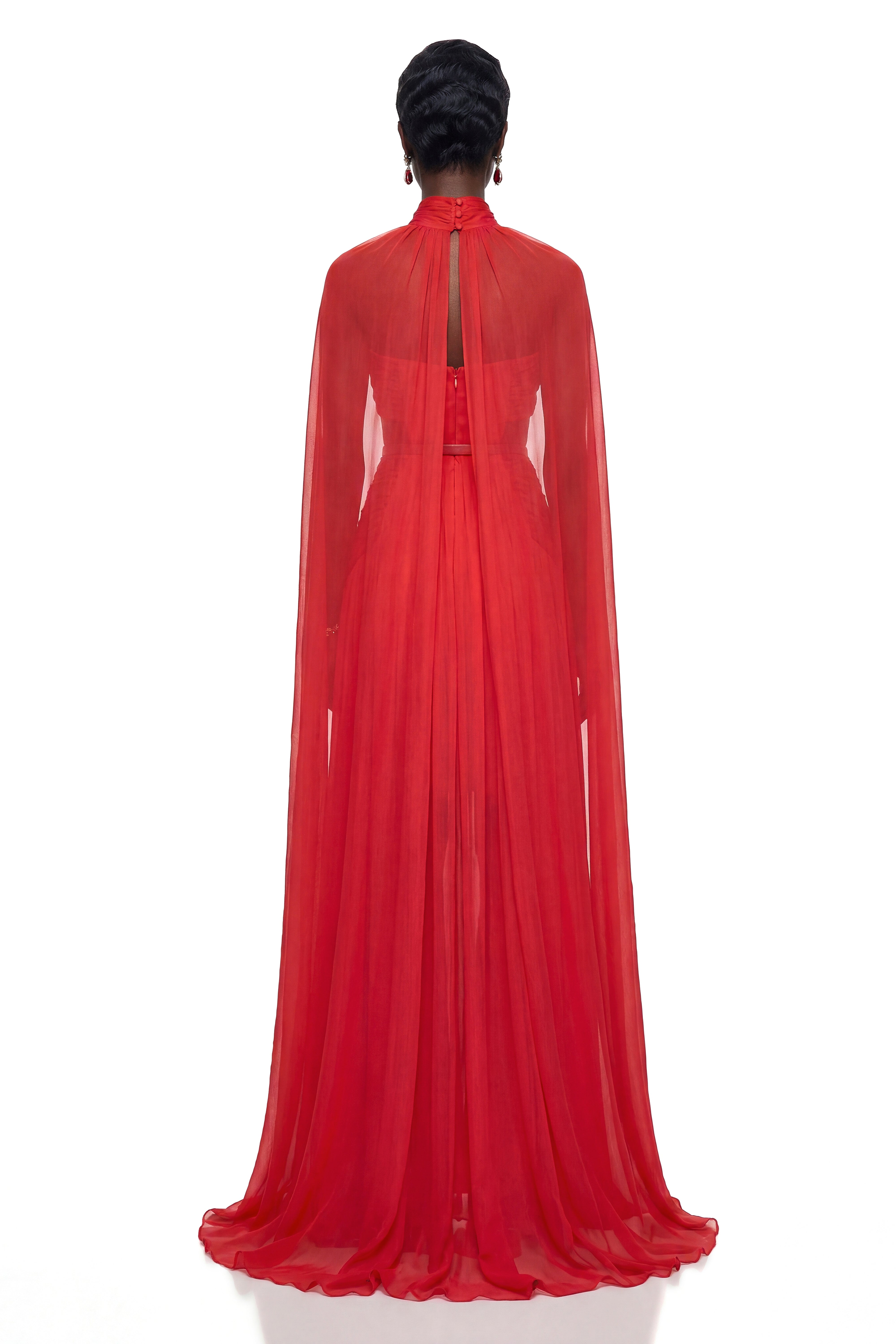 Harper Red Plunge Halterneck Maxi Dress with Cape