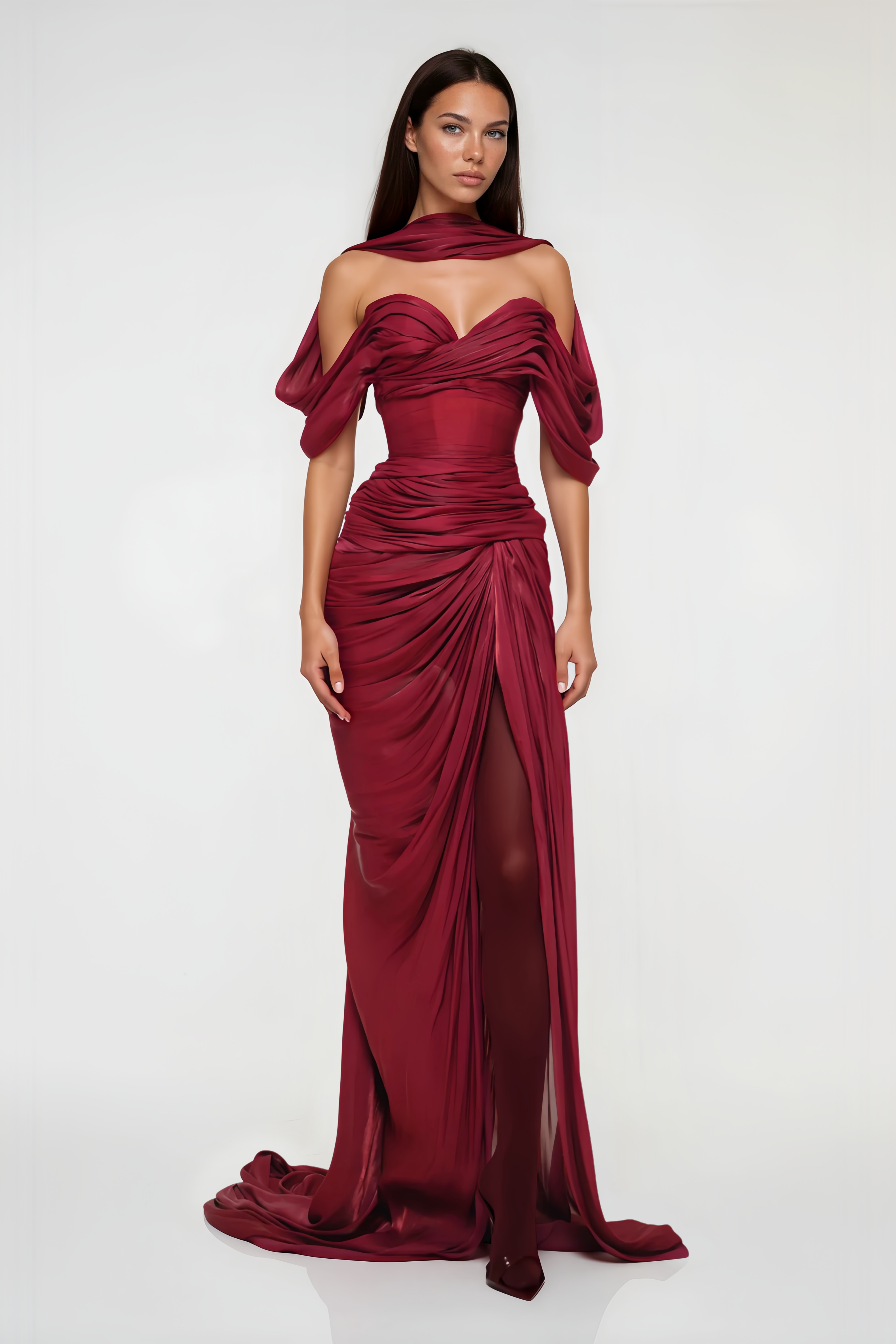 Burgundy off-the-shoulder maxi dress with a gathered bodice, draped sleeves, and matching neck scarf