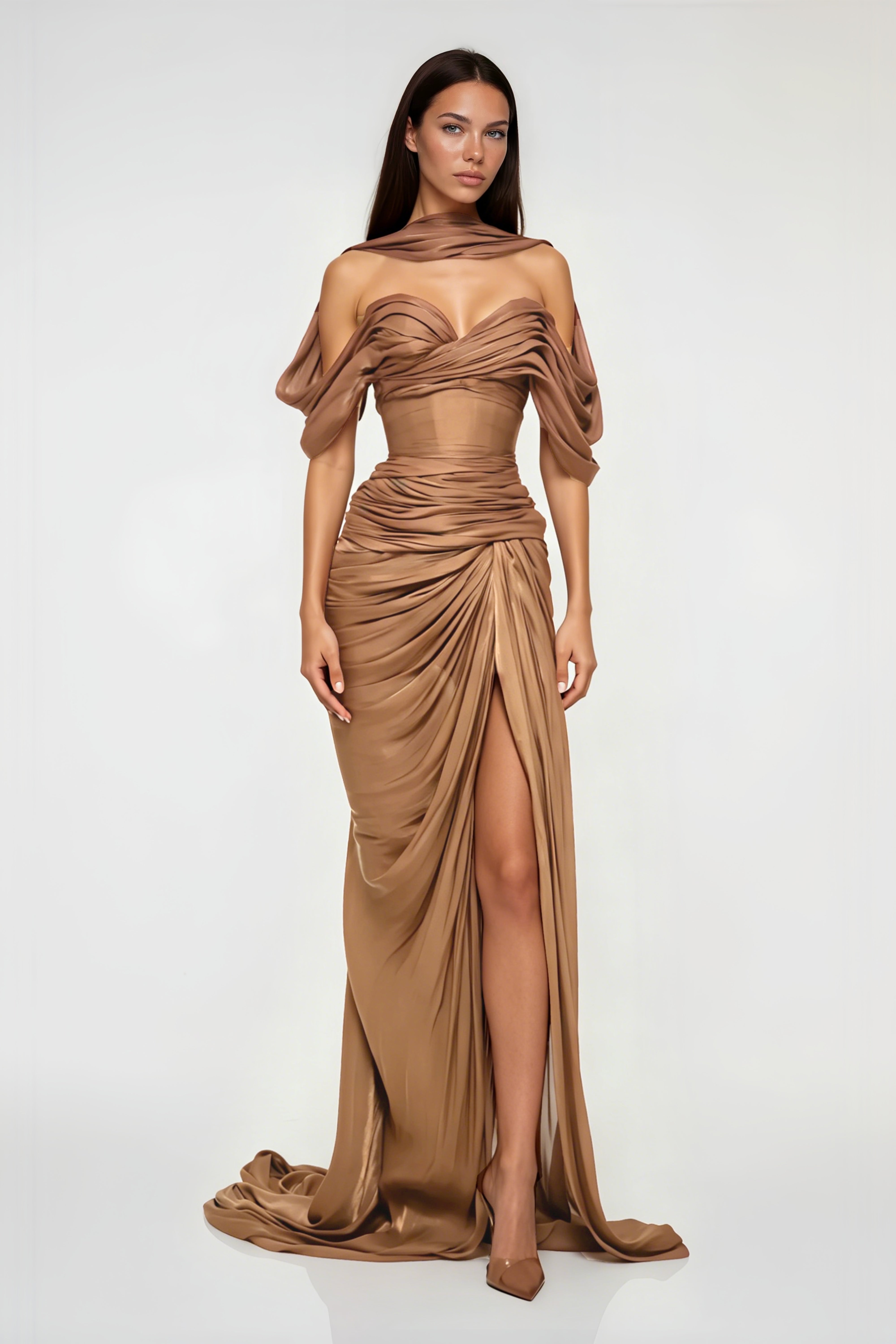 Bronze off-the-shoulder draped maxi dress with a matching neck scarf and thigh-high slit