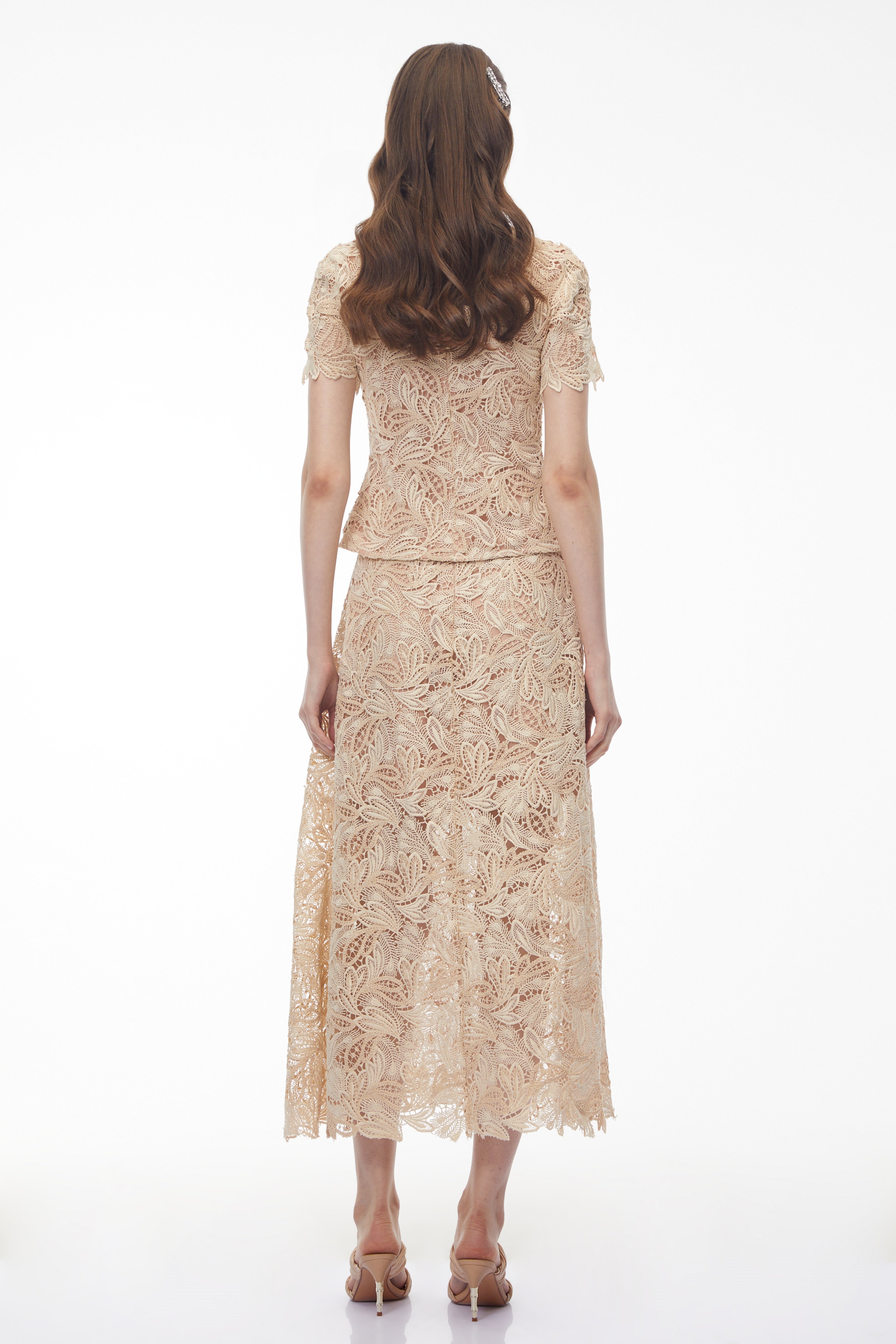 Helena Champagne Floral Lace Blouse & Skirt Set (Final Sale)