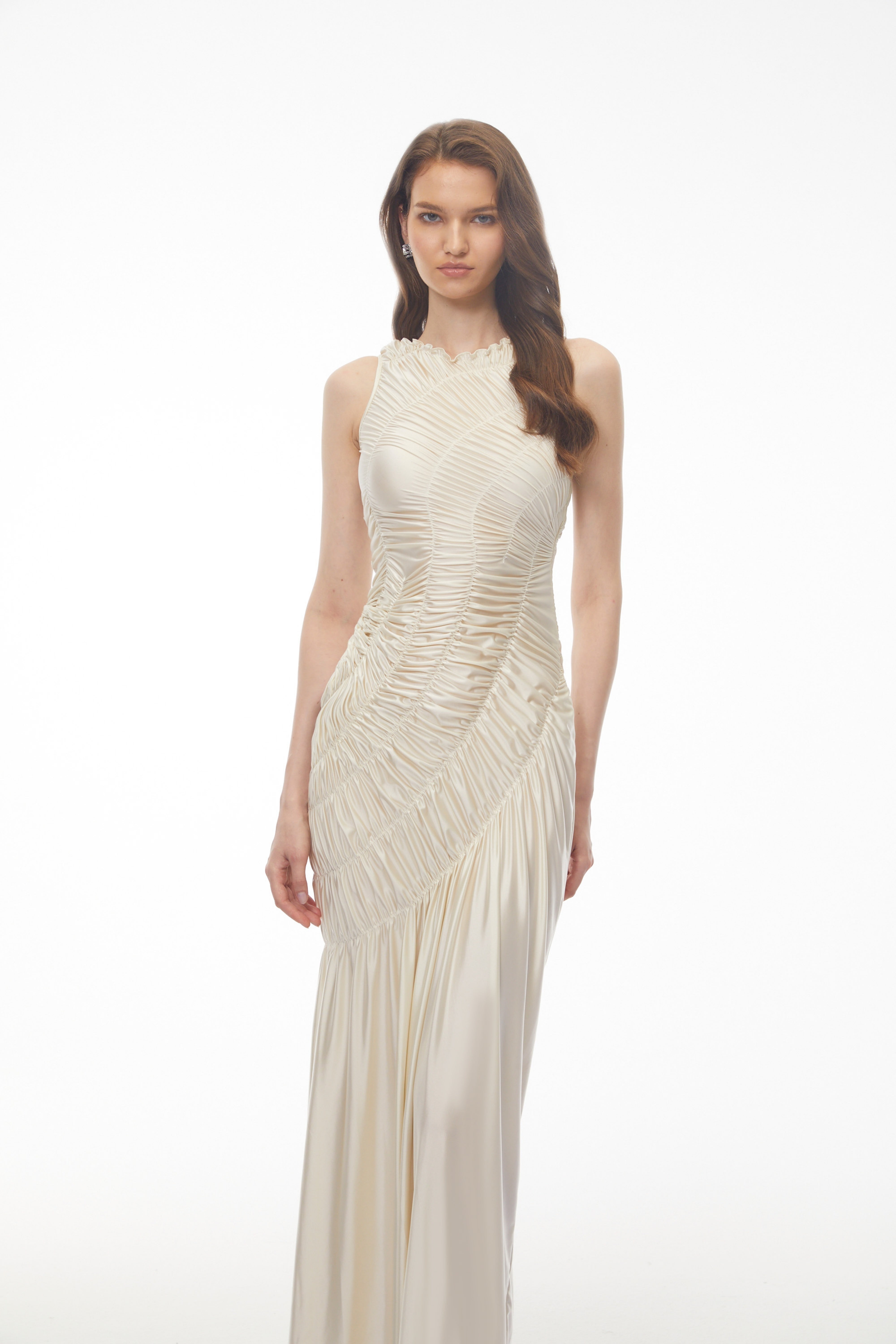 Hestia Champagne Ruched Asymmetrical Maxi Dress (Final Sale-US Only)
