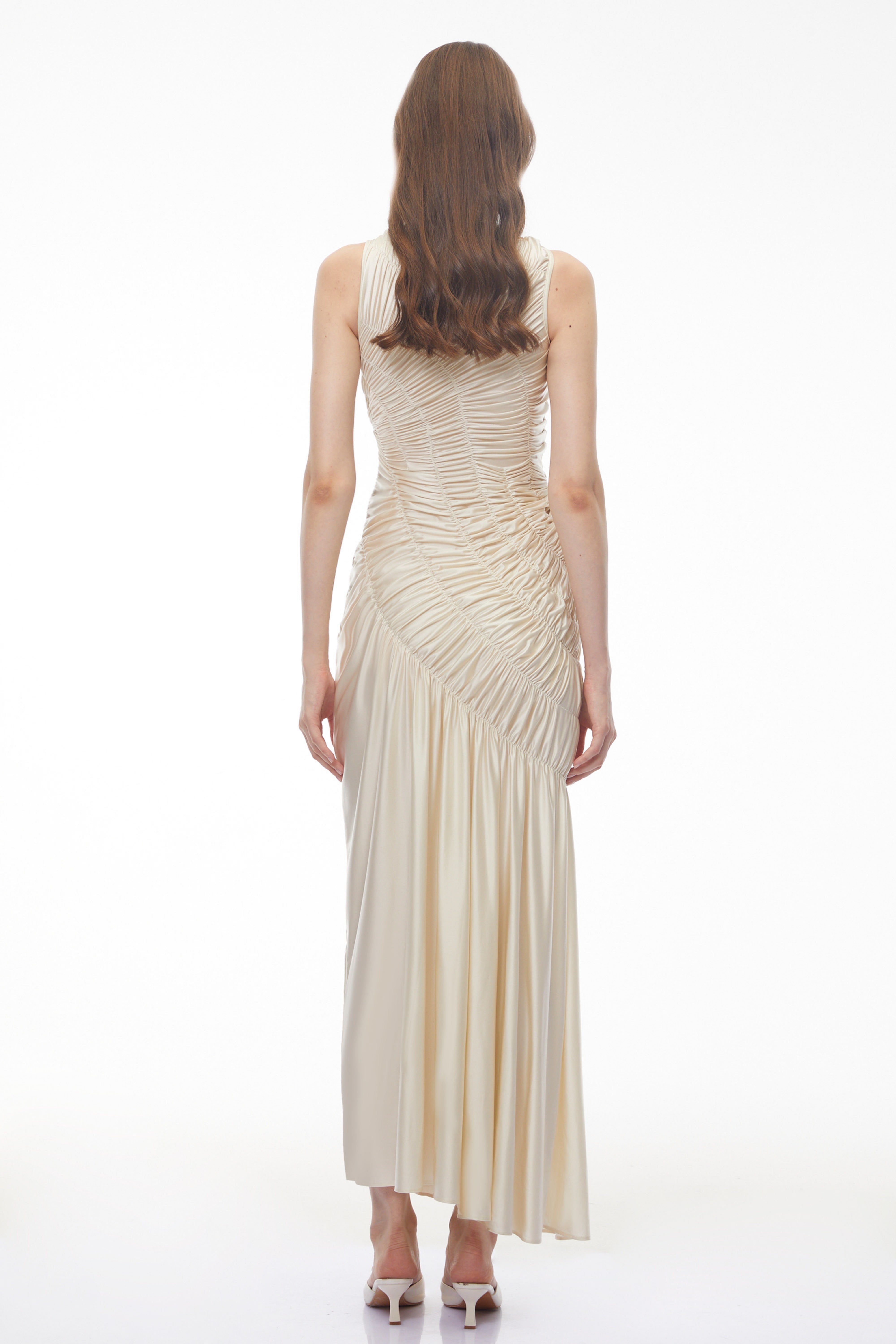 Hestia Champagne Ruched Asymmetrical Maxi Dress (Final Sale-US Only)