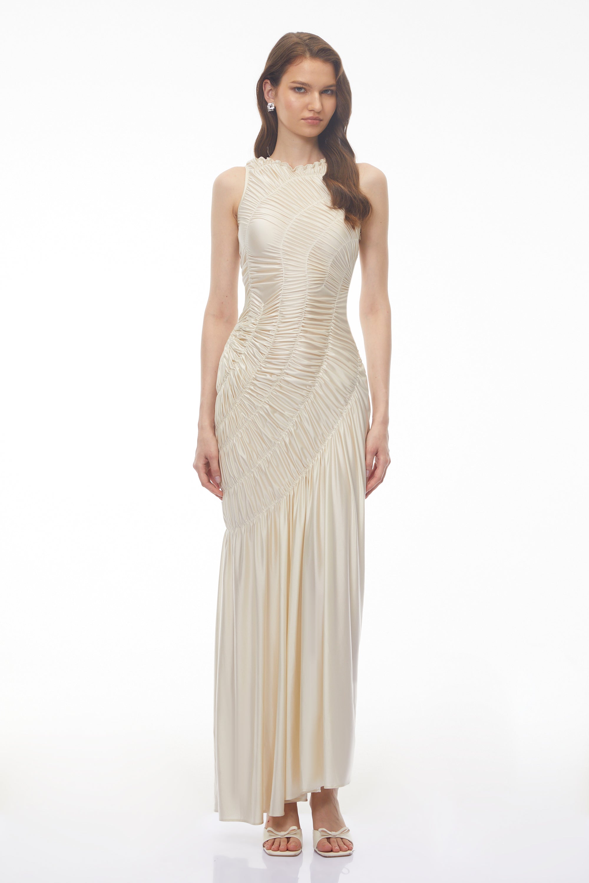 Hestia Champagne Ruched Asymmetrical Maxi Dress (Final Sale-US Only)
