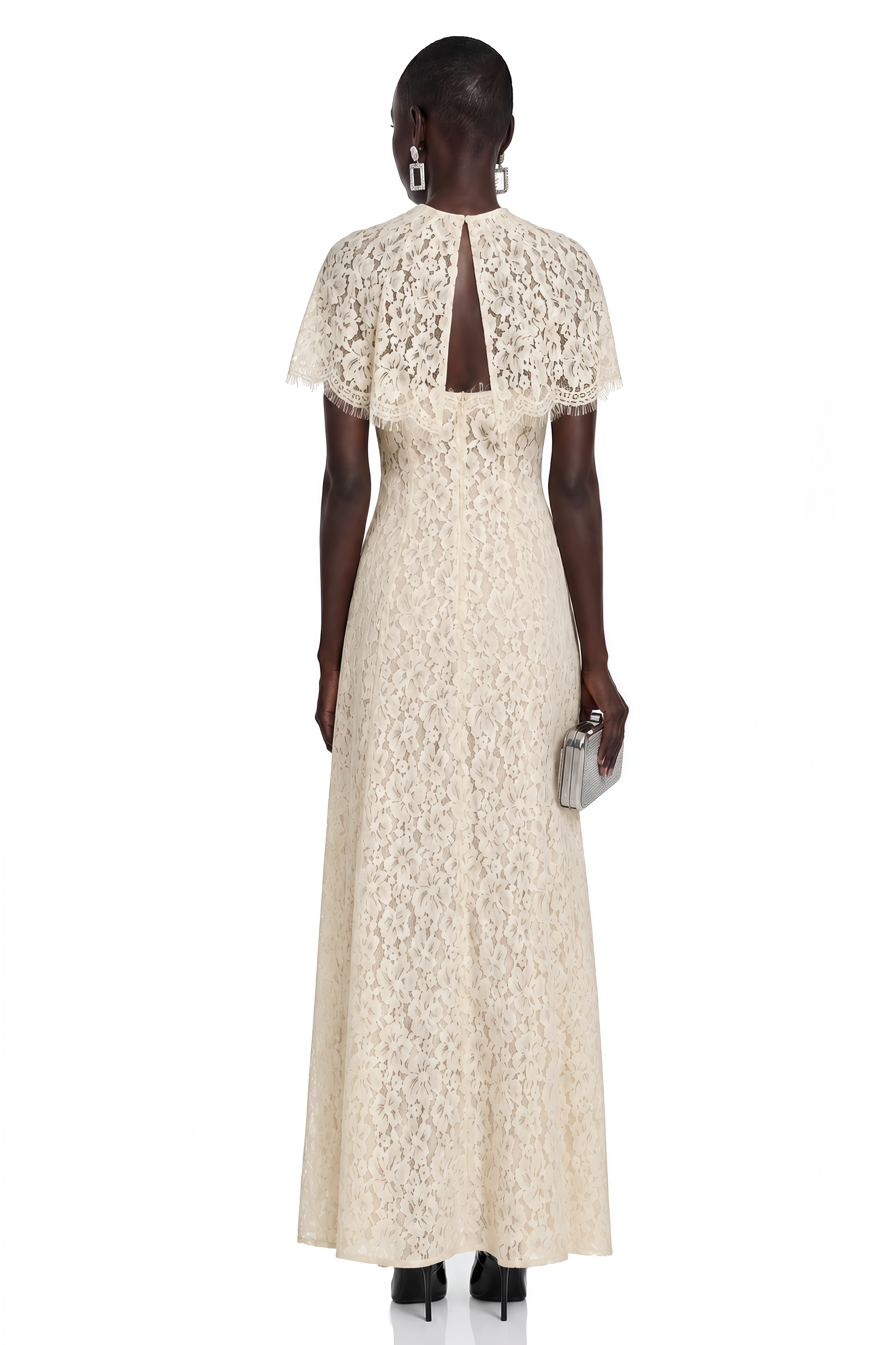 Cream lace high-neck maxi dress with a matching scalloped capelet overlay