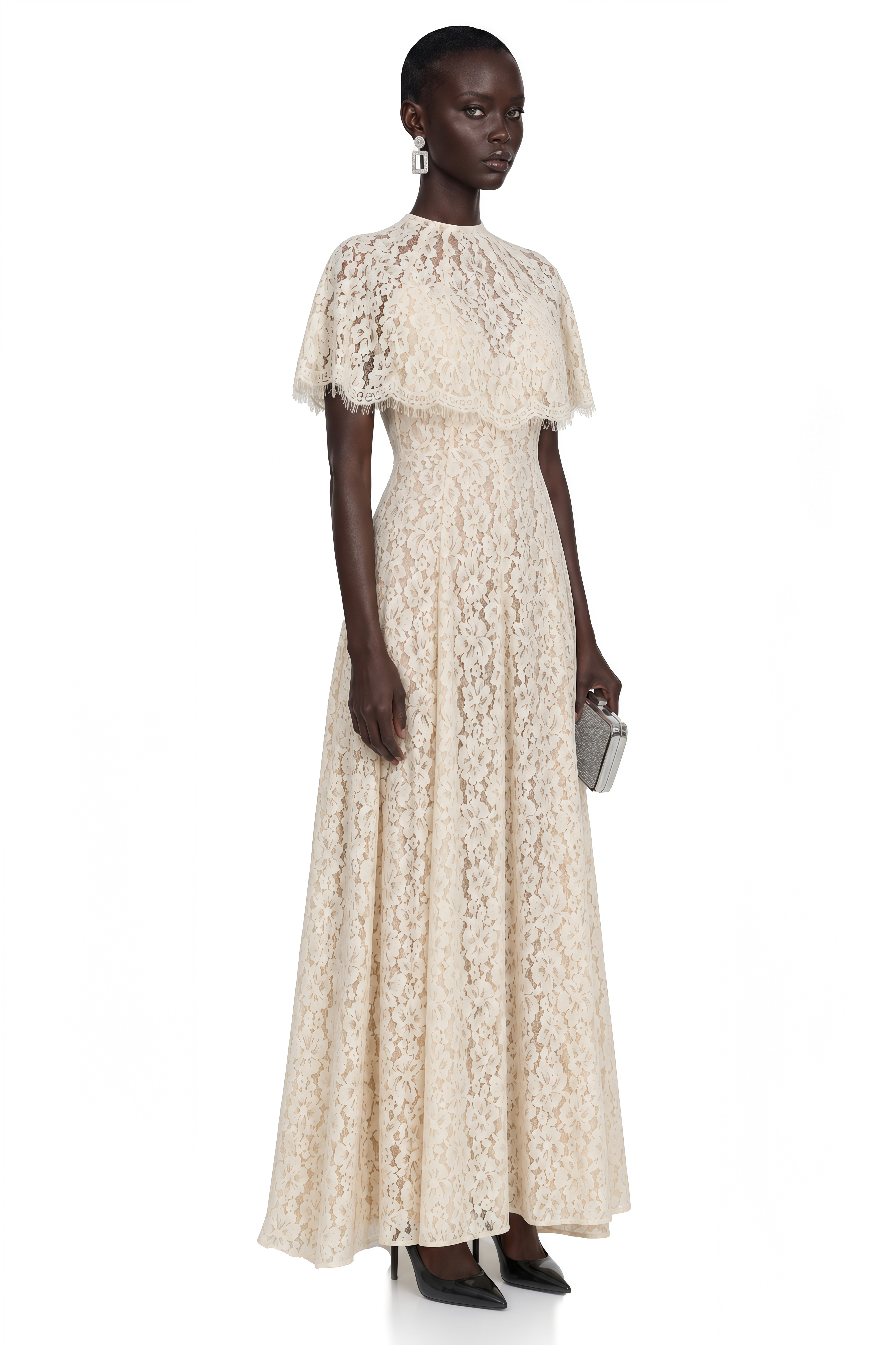 Cream lace high-neck maxi dress with a matching scalloped capelet overlay