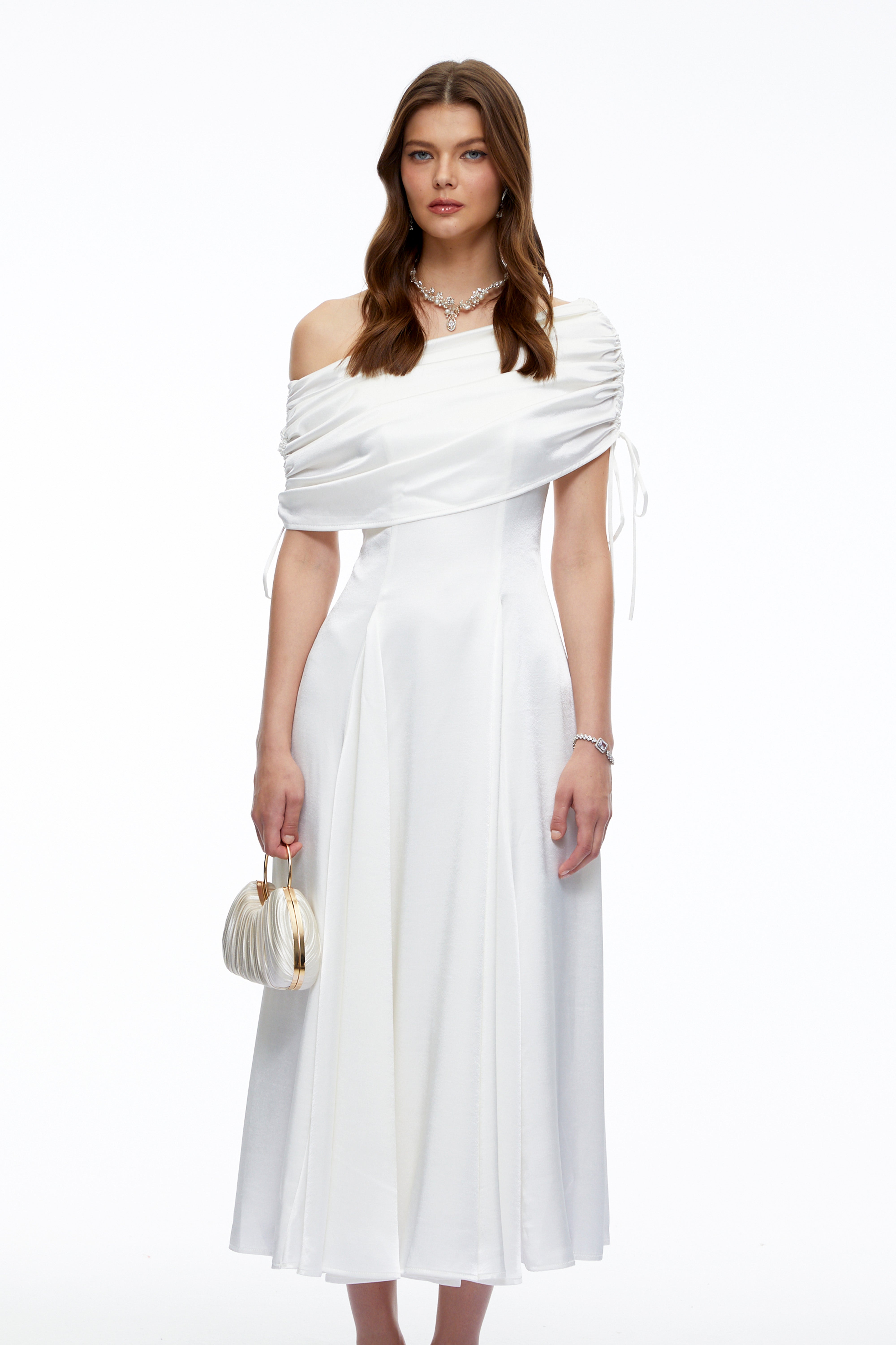 Hinerau White One Shoulder Ruched Satin Midi Dress