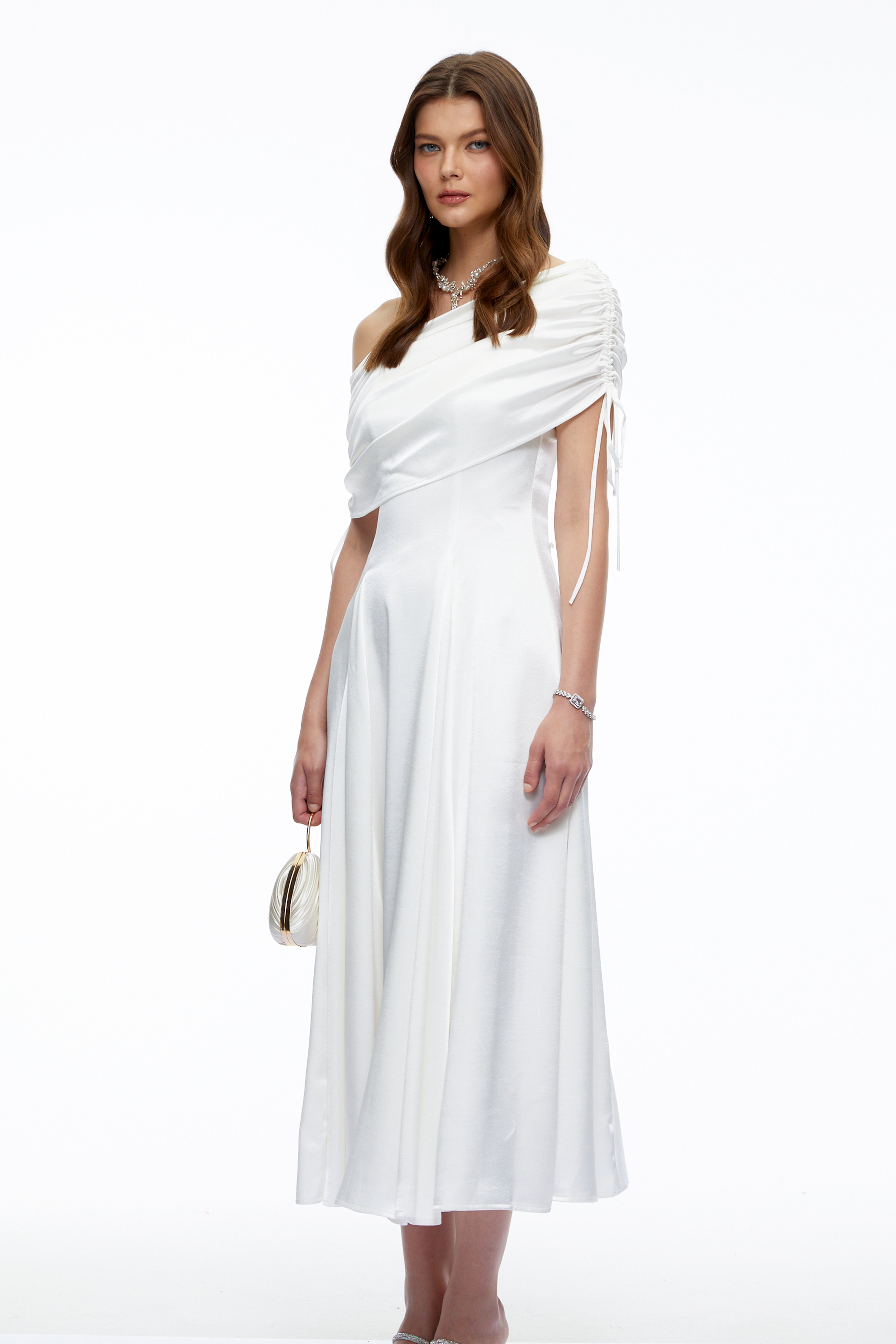 Hinerau White One Shoulder Ruched Satin Midi Dress