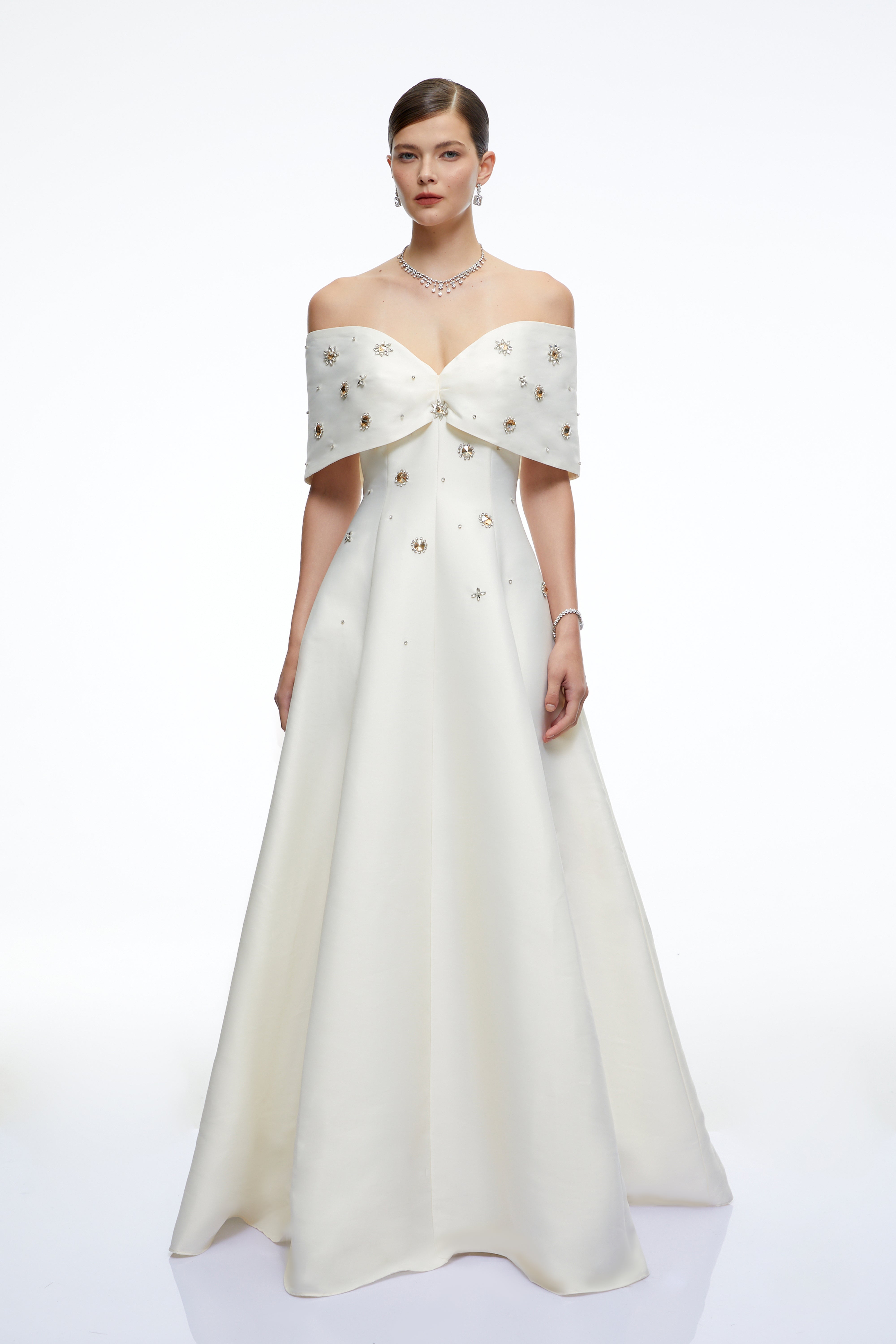 Honora Cream Beaded Off Shoulder Maxi Dress