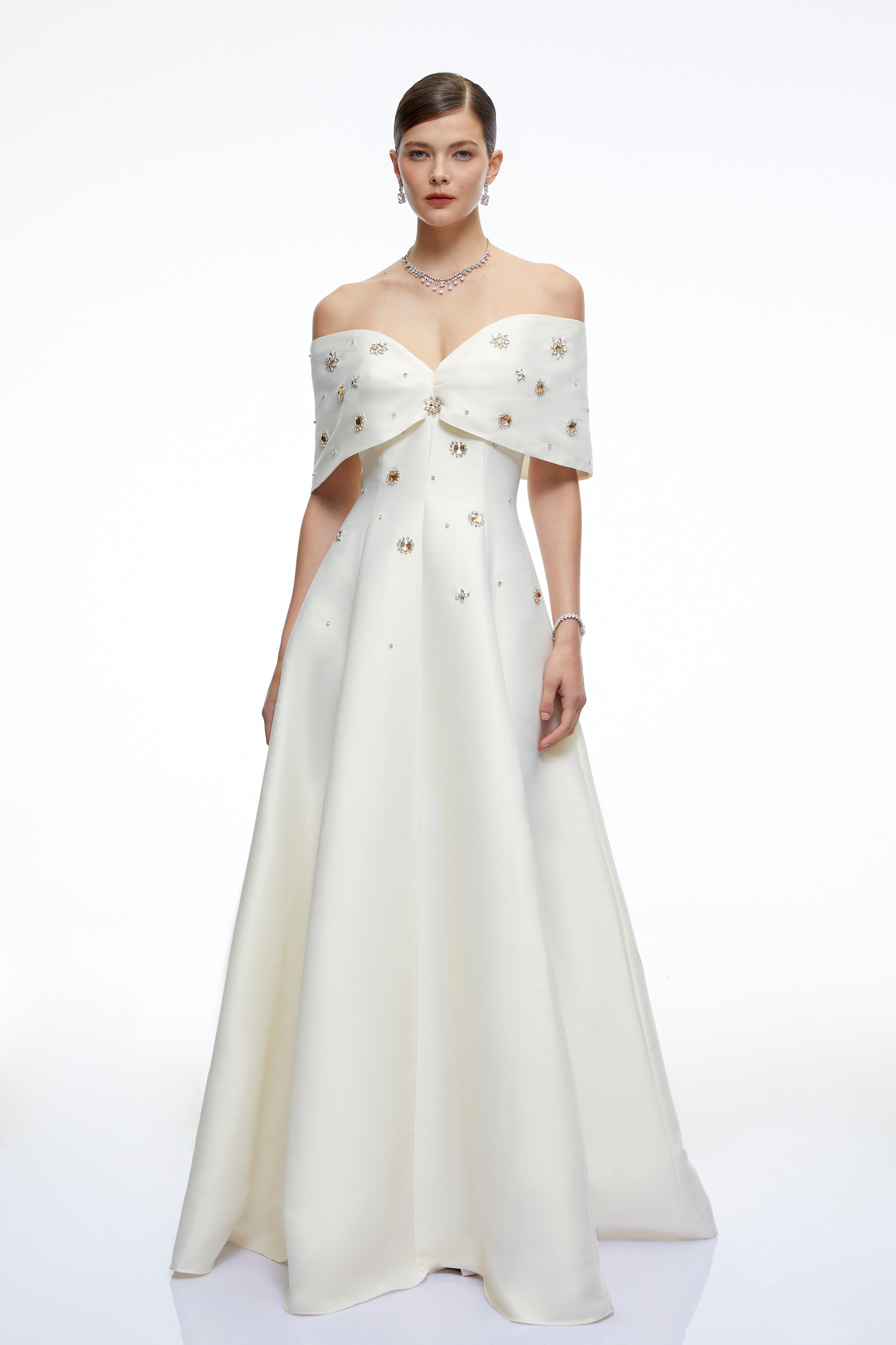 Honora Cream Beaded Off Shoulder Maxi Dress