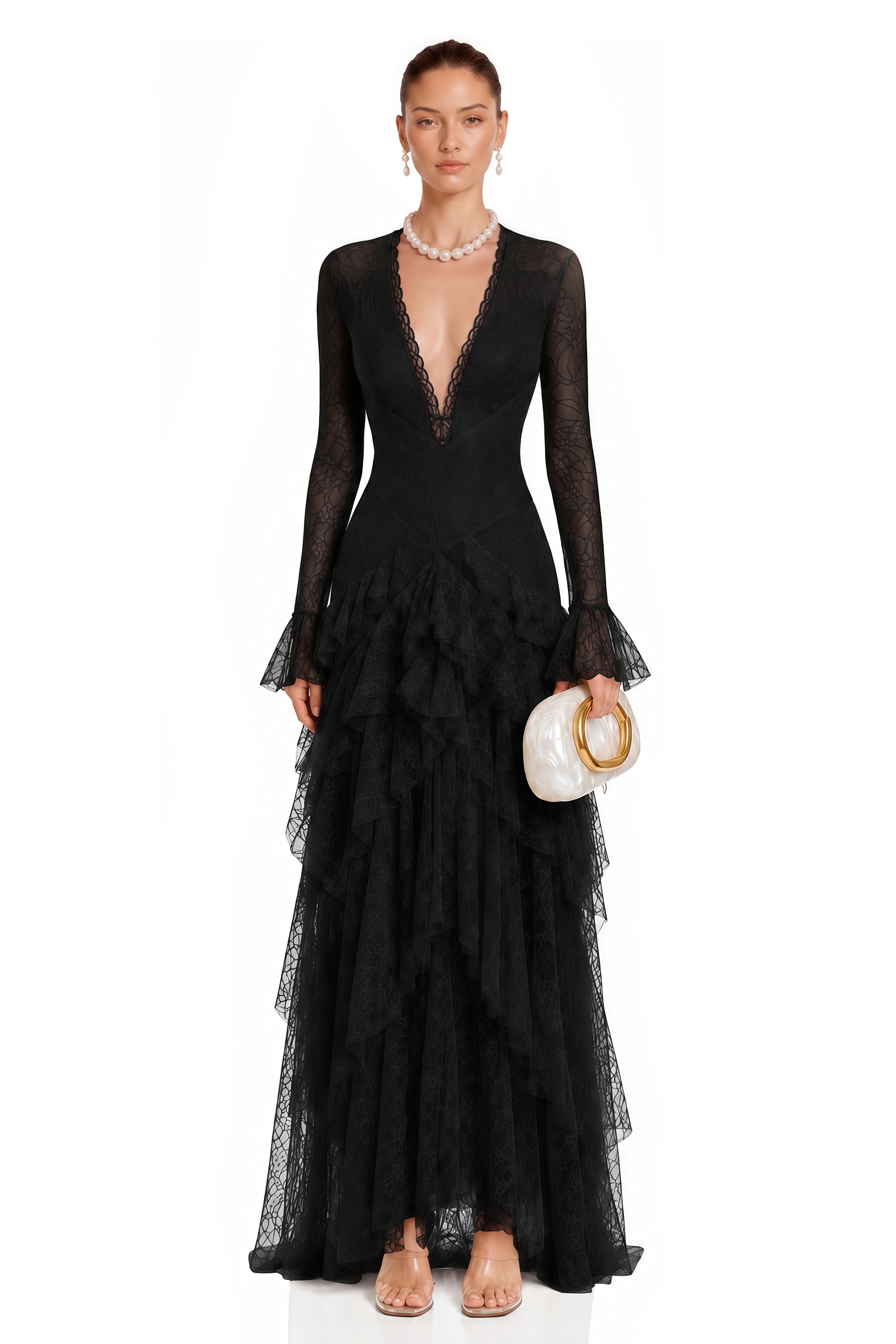 Humayma Black Lace Tiered Midi Dress