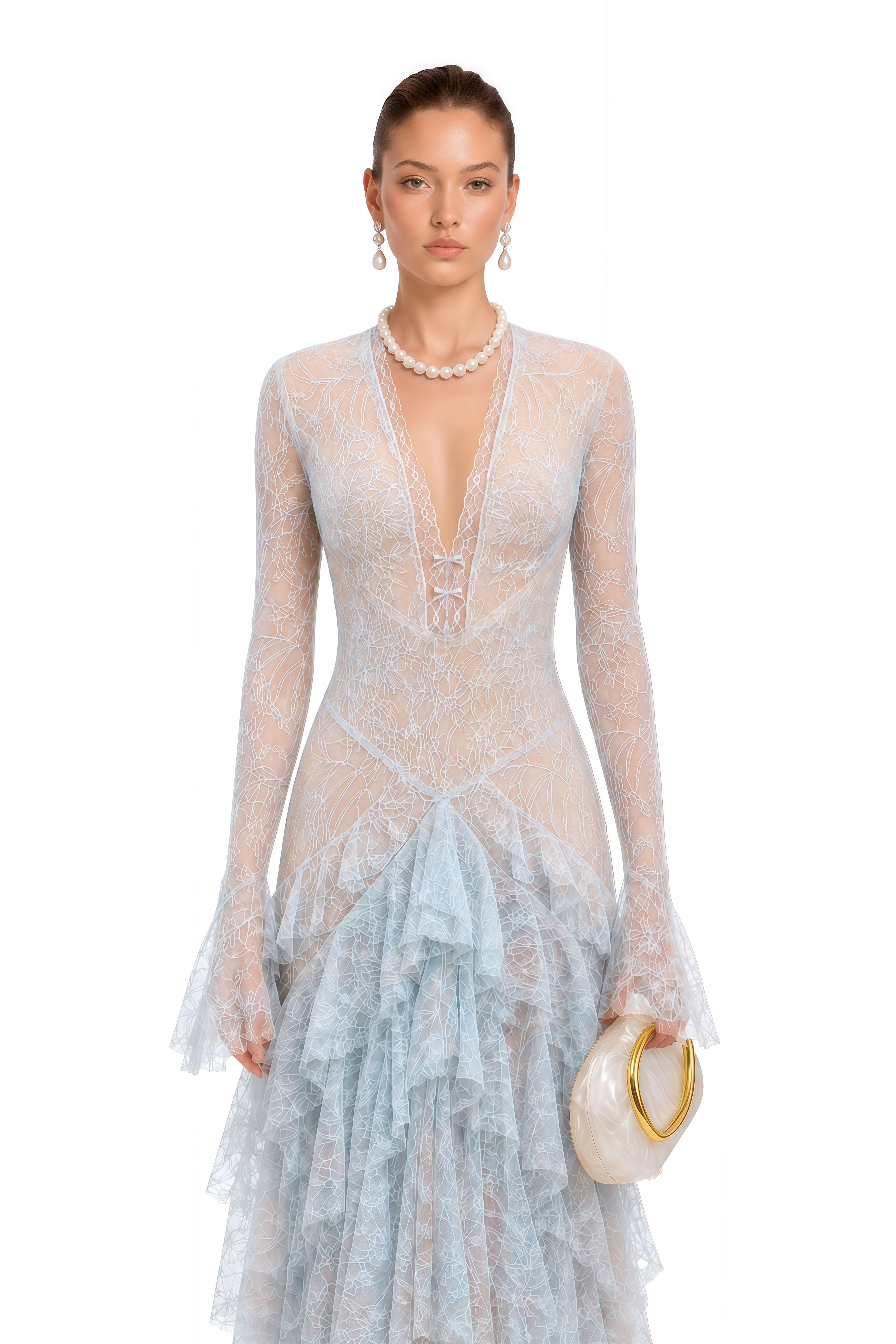 Humayma Blue Lace Tiered Midi Dress