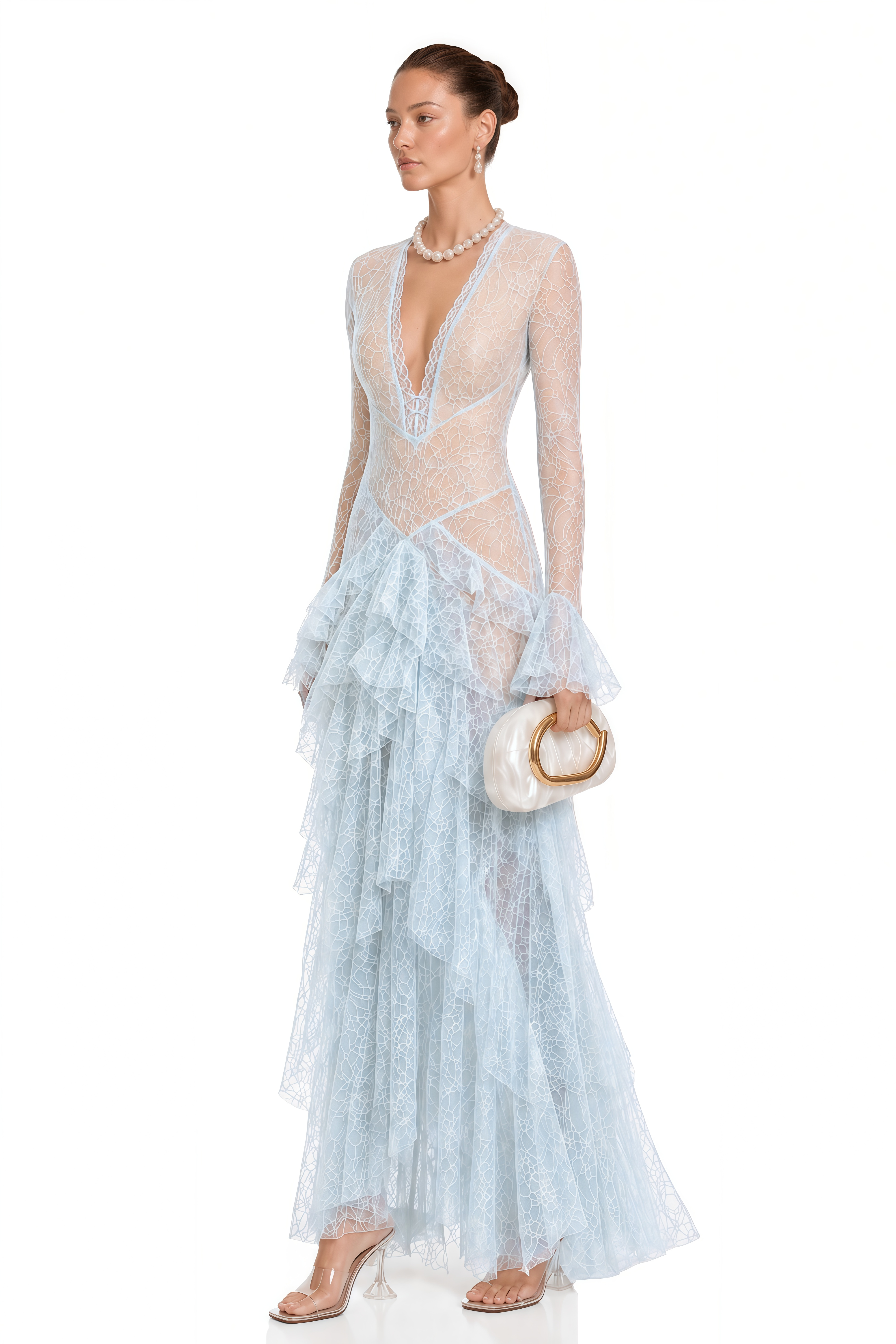 Humayma Blue Lace Tiered Midi Dress