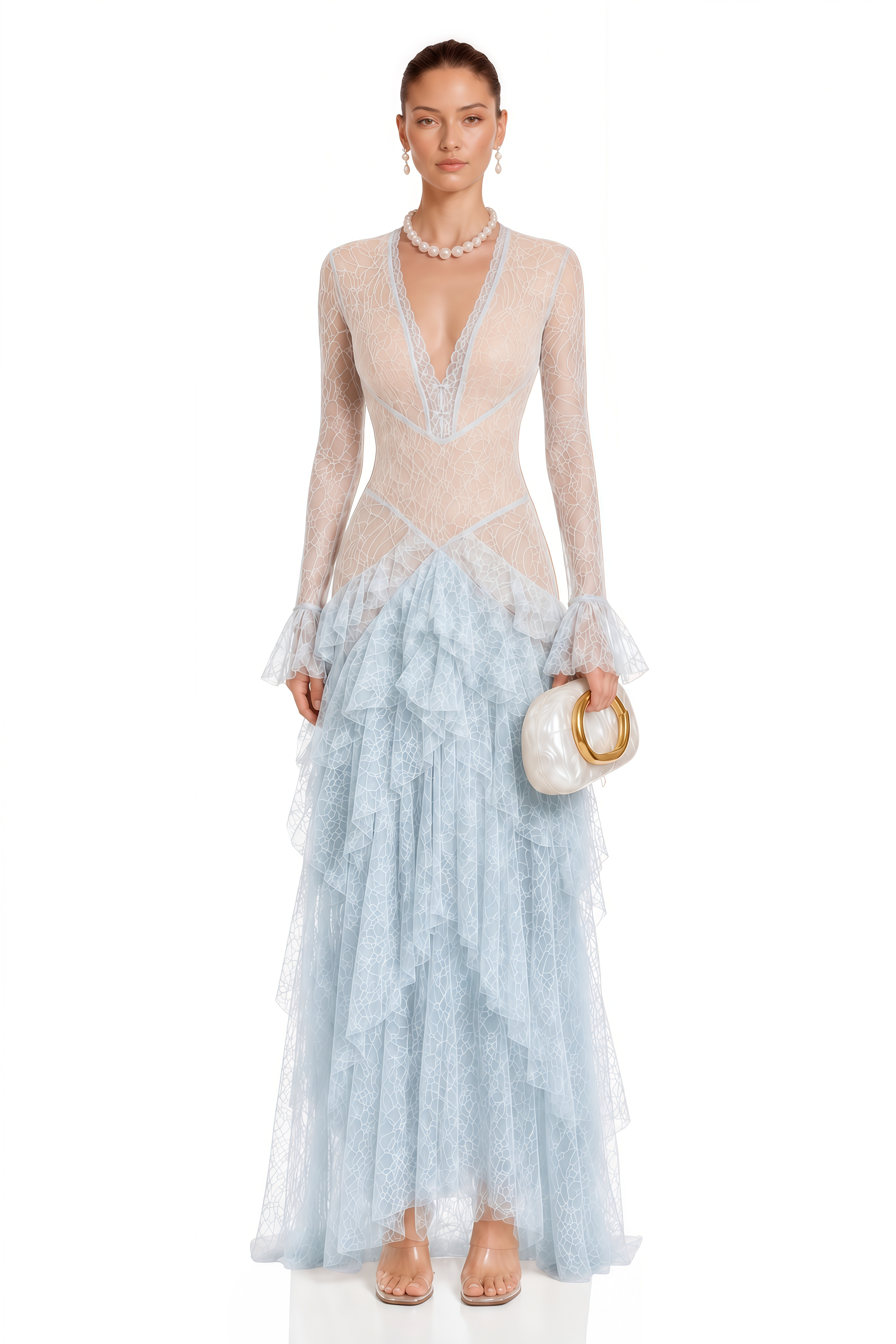 Humayma Blue Lace Tiered Midi Dress