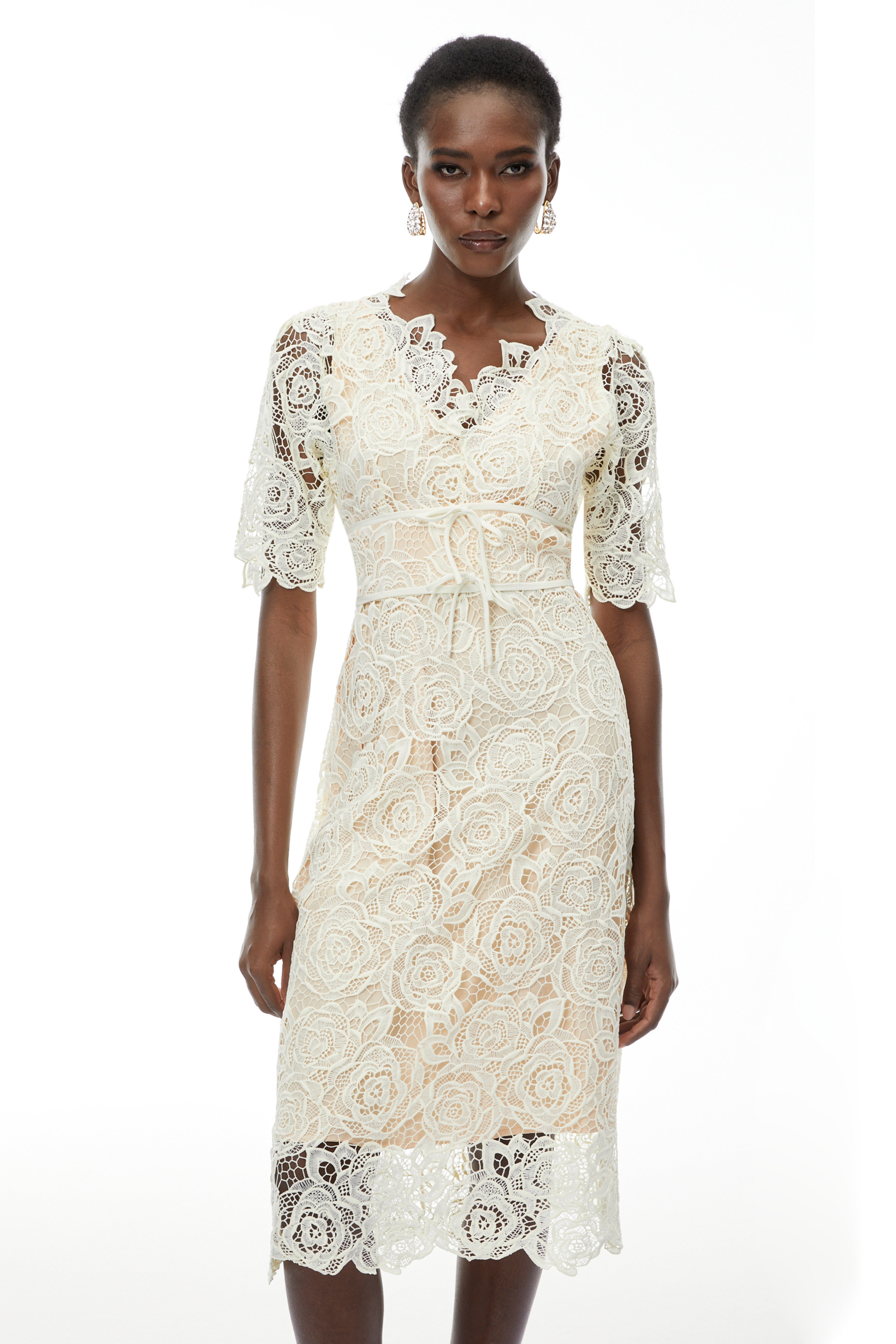 Hypatia Neutral Lace Embroidered Midi Dress (Final Sale-US Only)