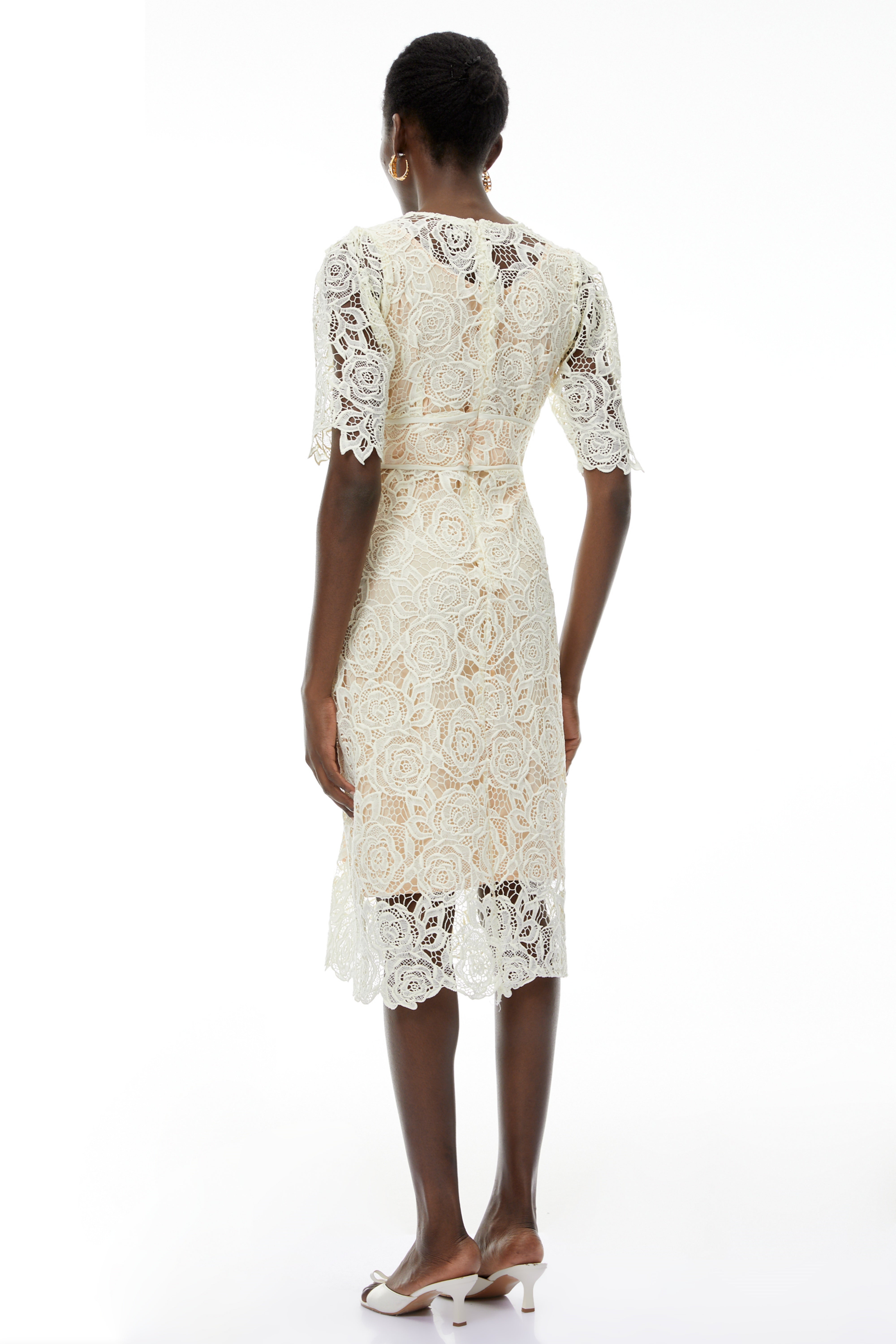 Hypatia Neutral Lace Embroidered Midi Dress (Final Sale-US Only)