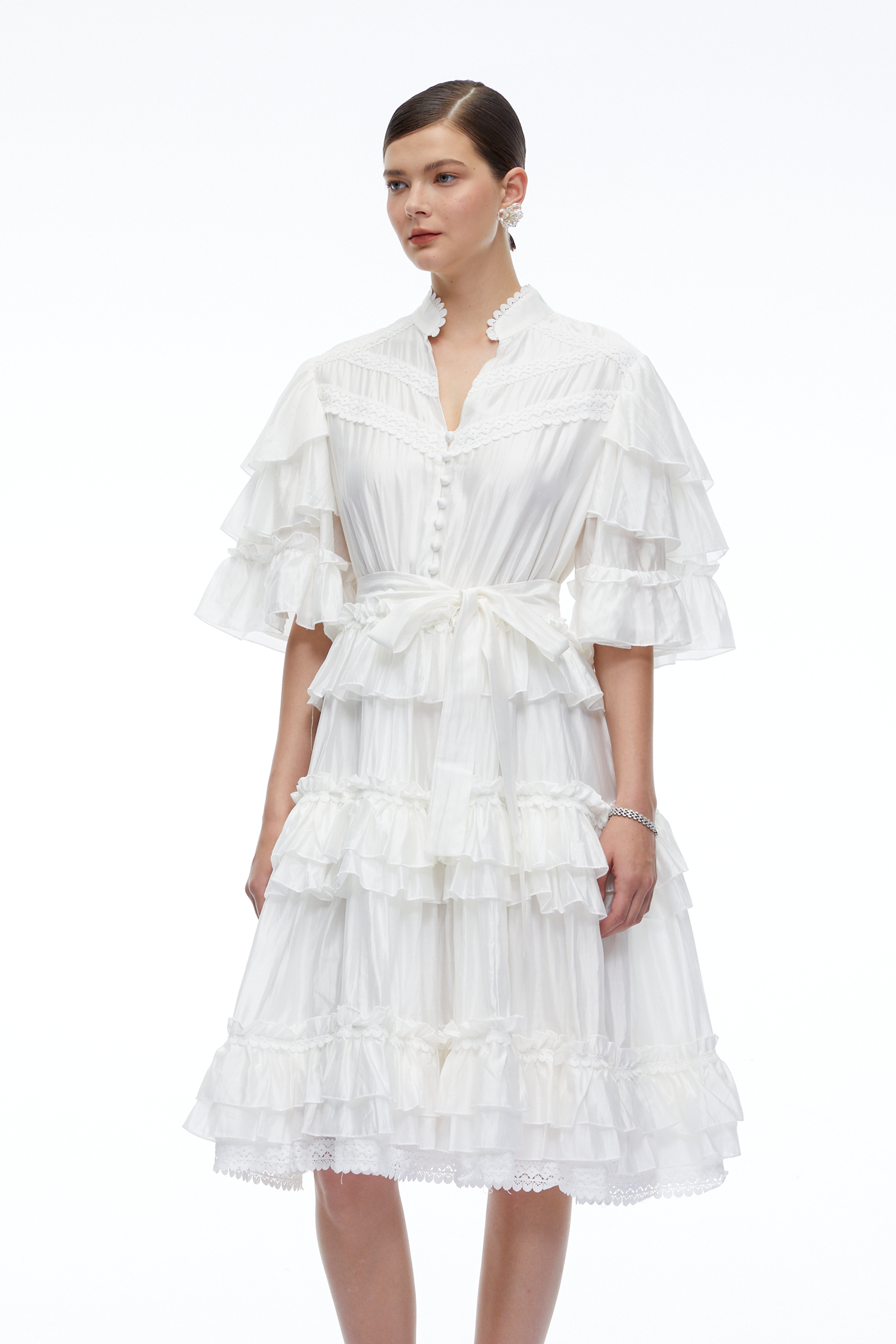 Ilaria White Tiered Short Sleeves Mini Dress