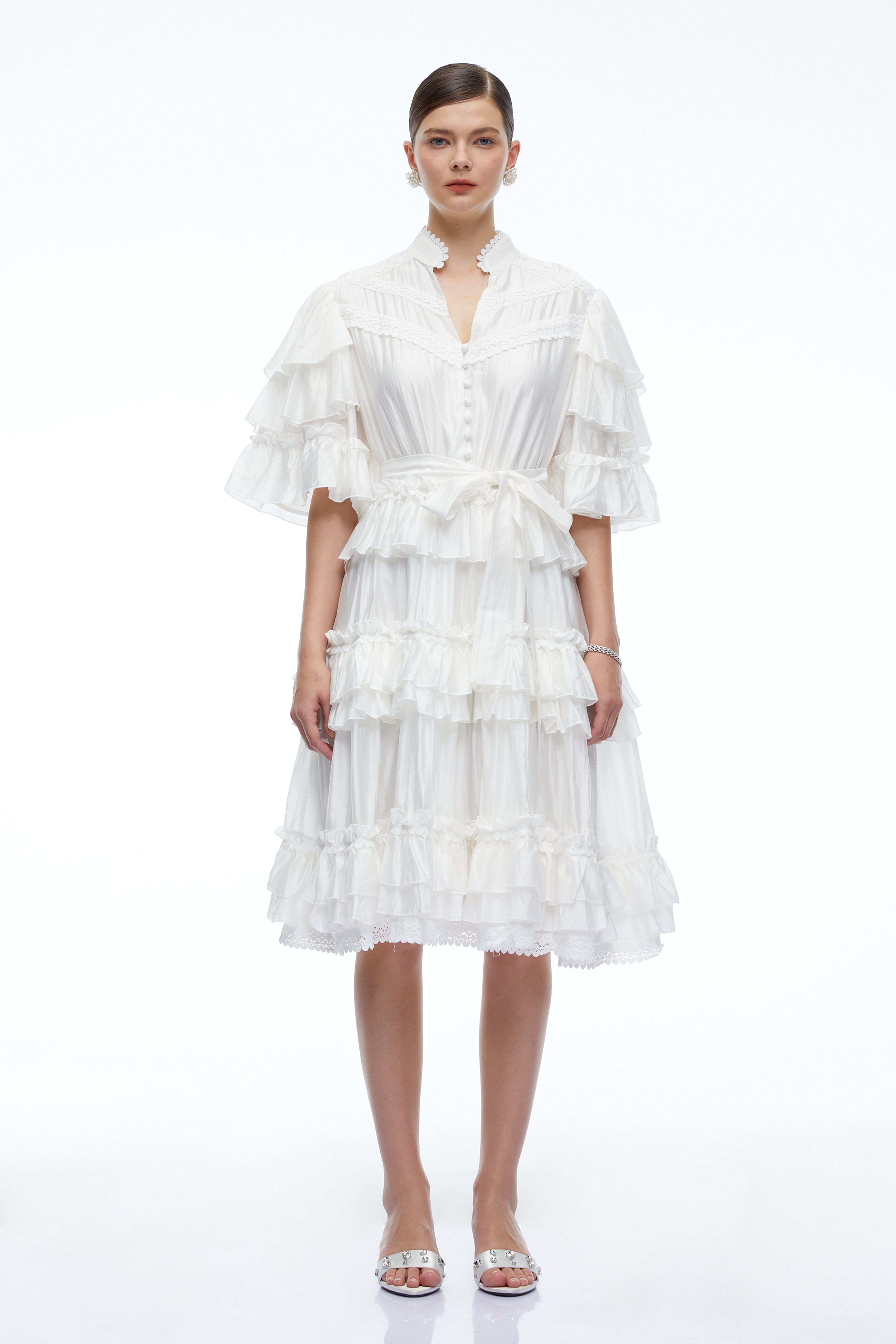 Ilaria White Tiered Short Sleeves Mini Dress