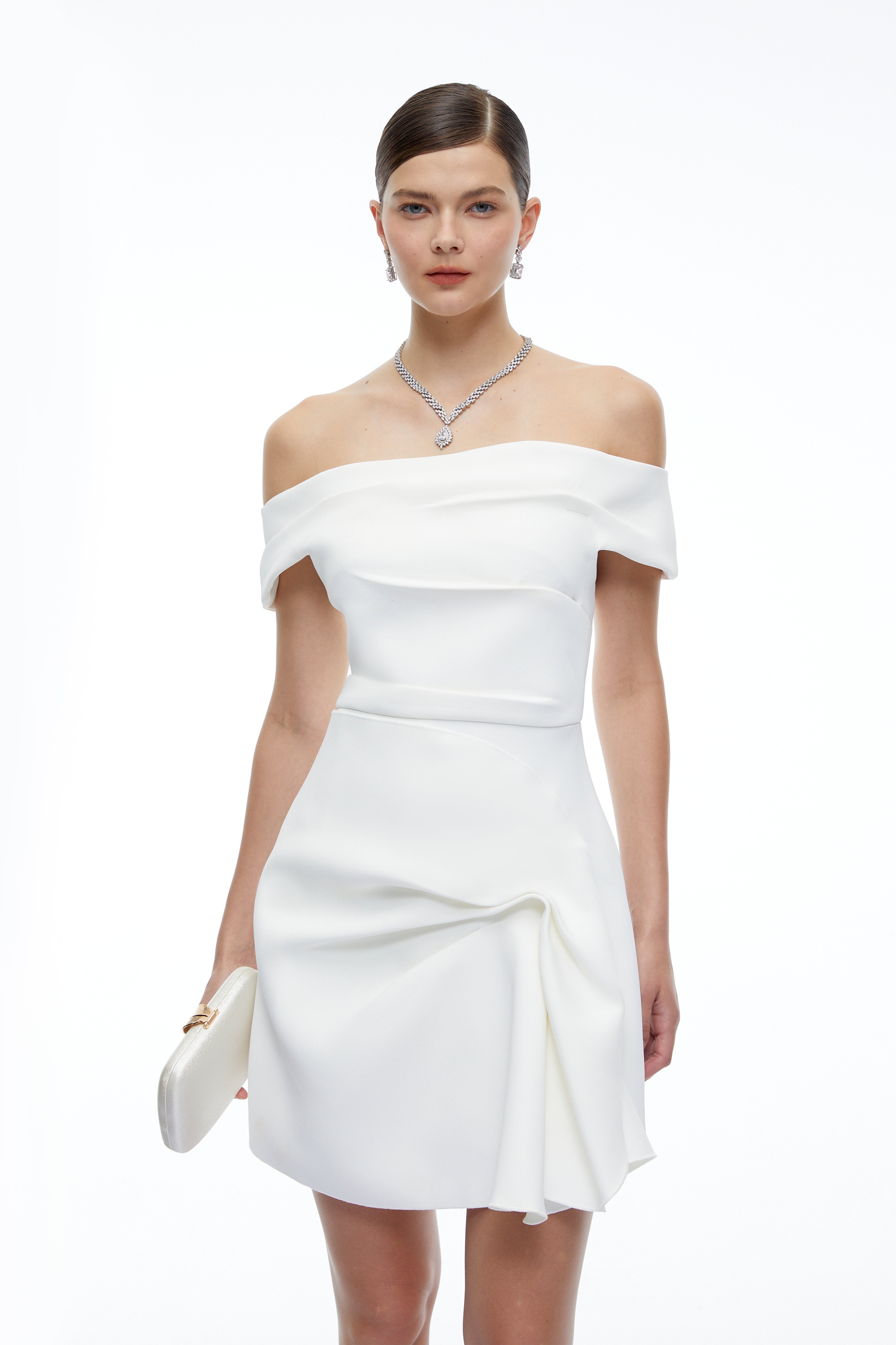 Imogen White Off Shoulder Draped Mini Dress with Ruffles