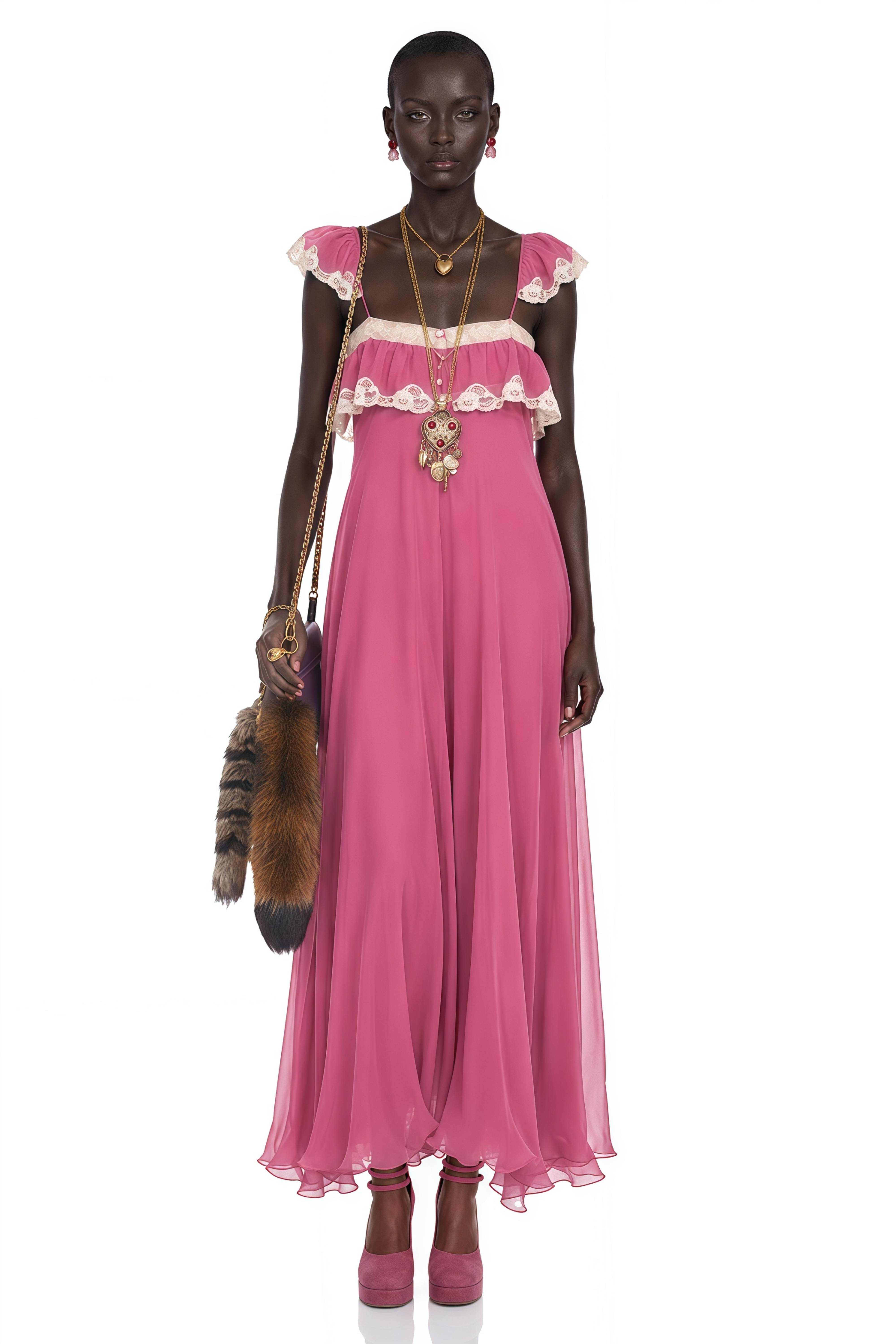 Ines Fuchsia Lace Trim Maxi Dress