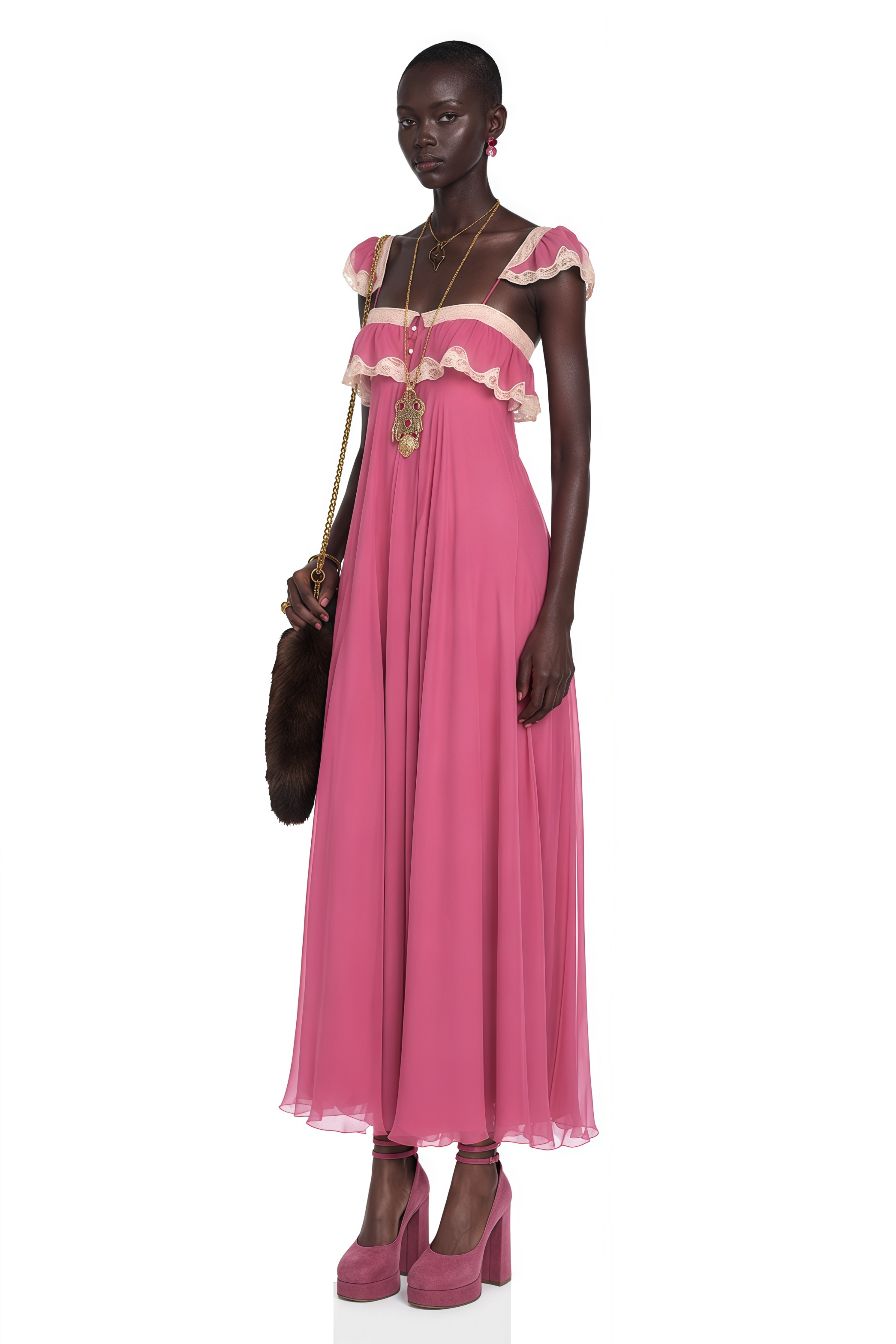 Ines Fuchsia Lace Trim Maxi Dress