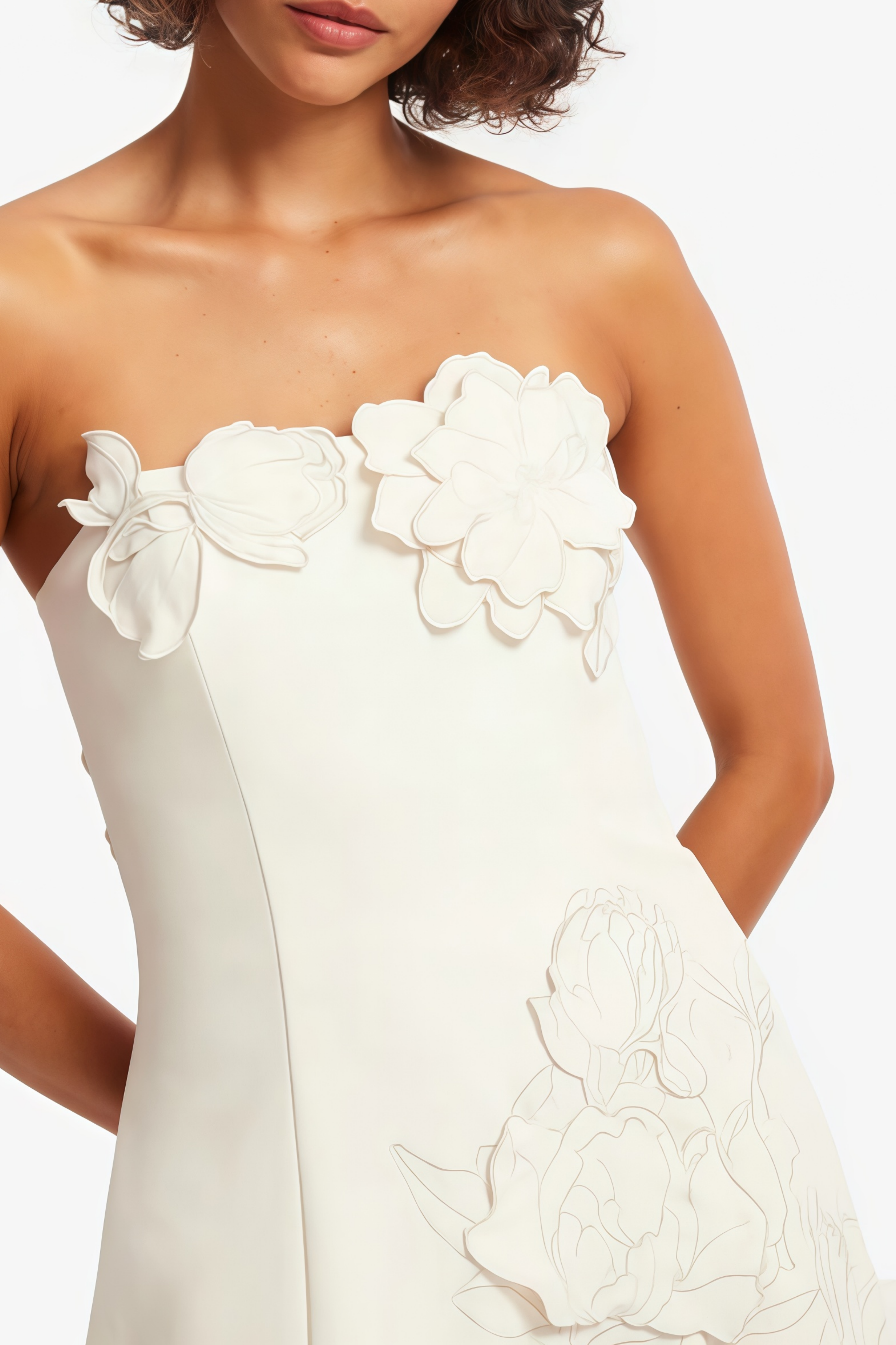 White strapless mini dress with 3D floral appliqués