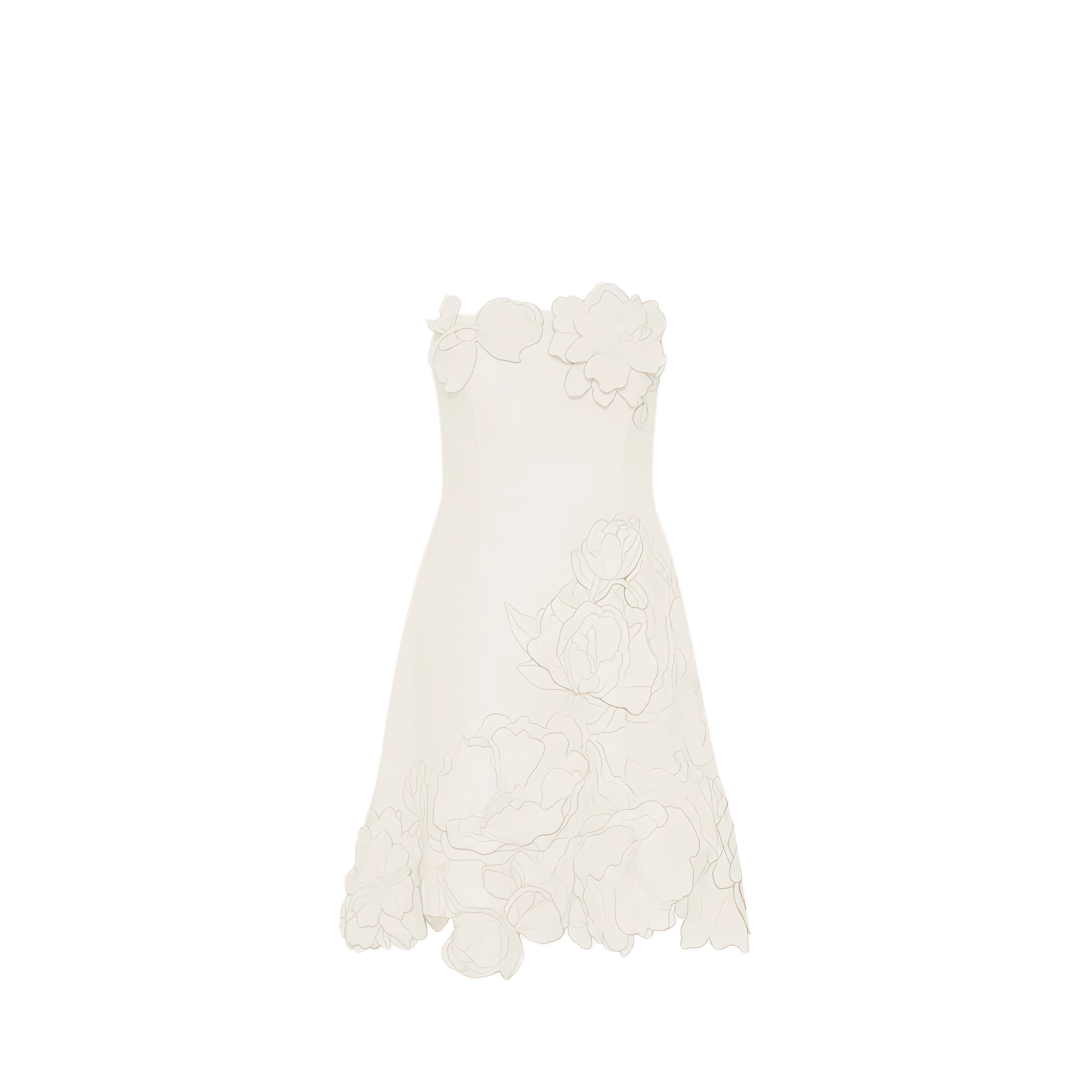 White strapless mini dress with 3D floral appliqués